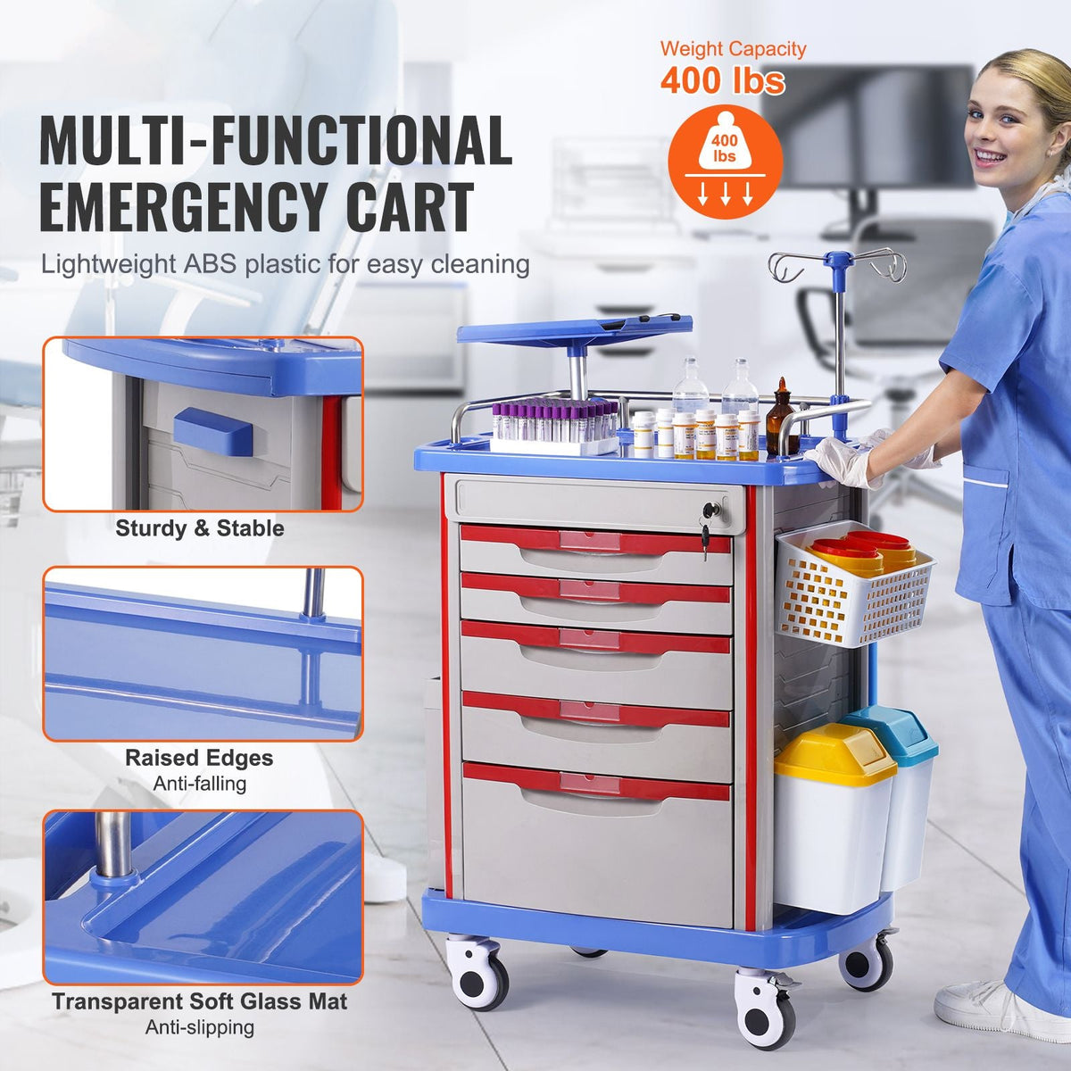 5 Tiers Lab Carts, Lab Utility Cart with 5 Drawers & 4 Silent Wheels, Mobile Medical Cart with PP Material, Lab Rolling Cart with 2 Trash Cans for Lab, Clinic, Hospital, Salon, Blue