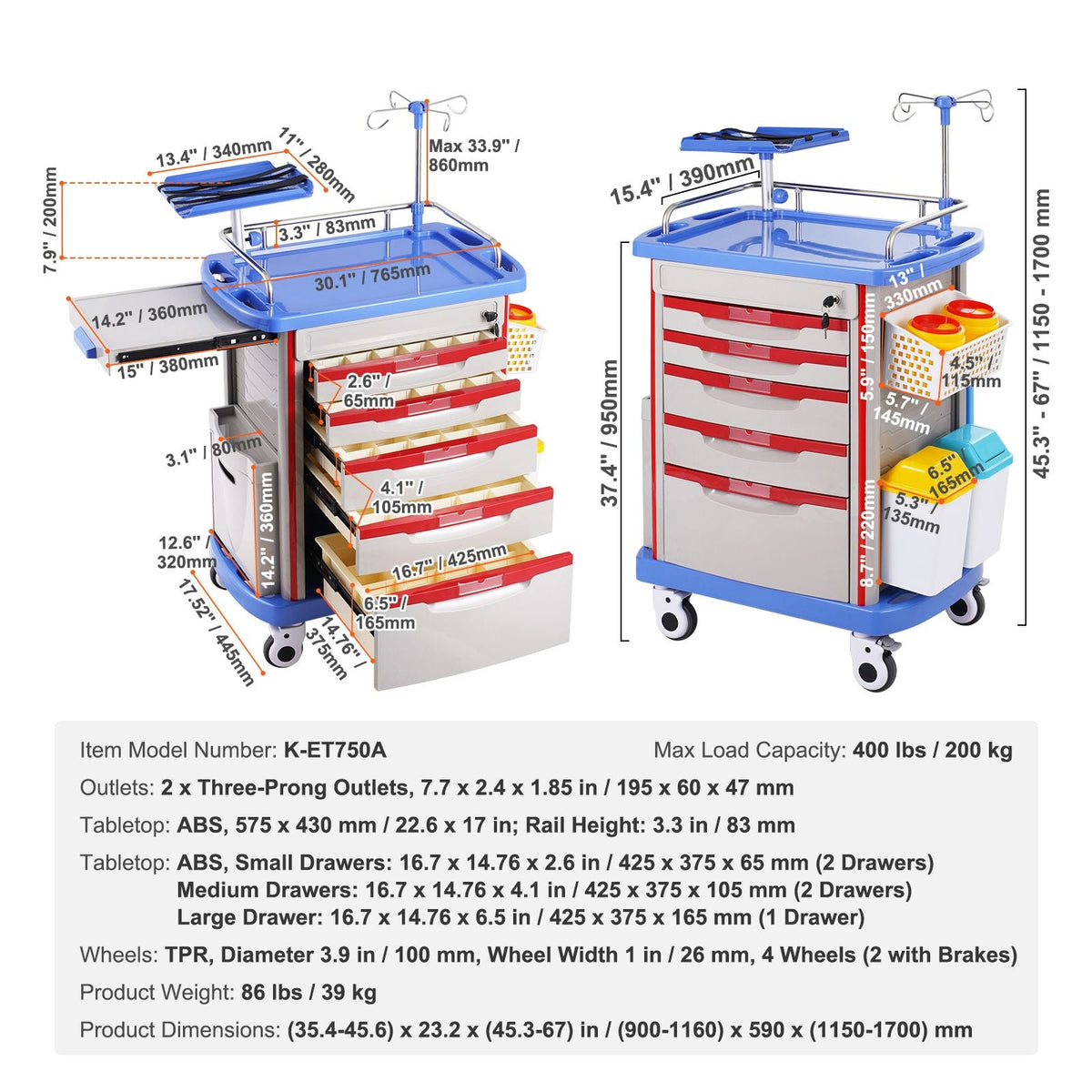 5 Tiers Lab Carts, Lab Utility Cart with 5 Drawers & 4 Silent Wheels, Mobile Medical Cart with PP Material, Lab Rolling Cart with 2 Trash Cans for Lab, Clinic, Hospital, Salon, Blue