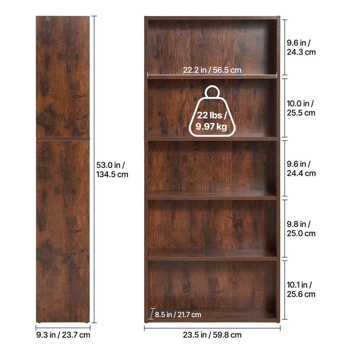 5 Tiers Narrow Bookshelf, 53 in Wooden Open Bookcase with Height-Adjustable Shelf, Freestanding Tall Display Storage Floor Bookcase Bookshelf for Library, Bedroom, Living Room, Office, Brown