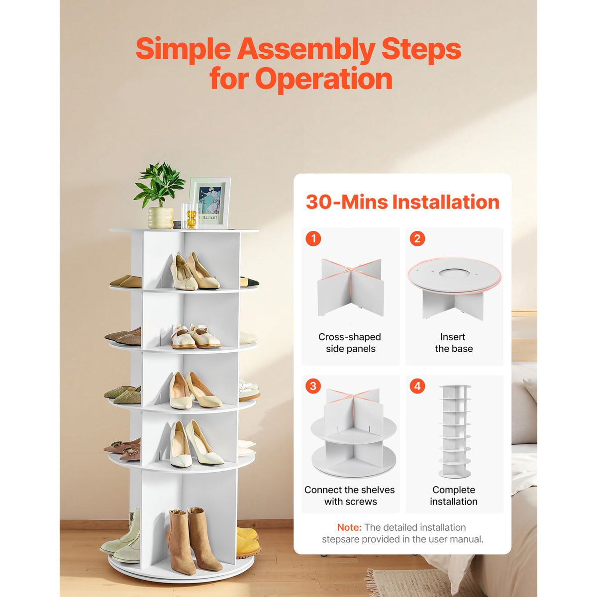 5 Tiers Rotating Shoe Rack Tower, 360° Spinning Shoe Rack, Revolving Storage Round Carousel Display, Freestanding Lazy Susan Organizer Display for Bedroom, Living Room, Entryway, Closet, White