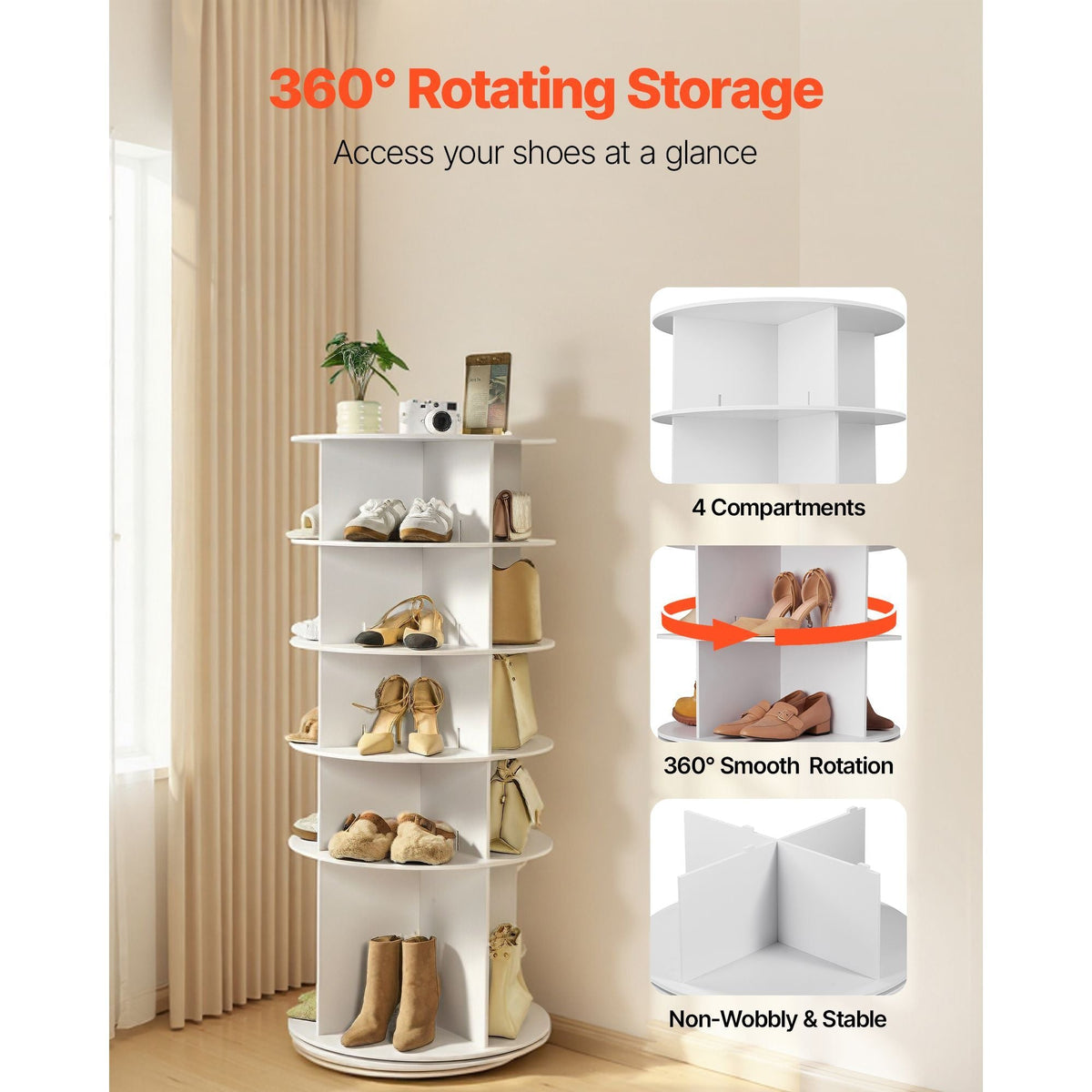 5 Tiers Rotating Shoe Rack Tower, 360° Spinning Shoe Rack, Revolving Storage Round Carousel Display, Freestanding Lazy Susan Organizer Display for Bedroom, Living Room, Entryway, Closet, White