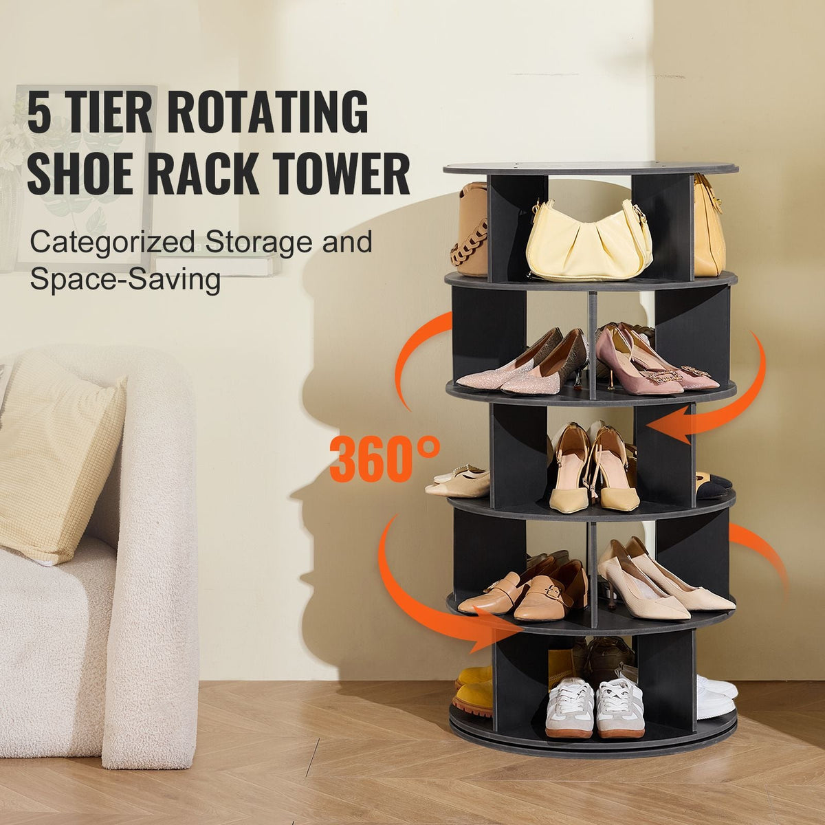 5 Tiers Rotating Shoe Rack Tower, 360°Spinning Shoe Display, Revolving Shoe Rack Storage Round Carousel, Lazy Susan Shoe Rack Organizer, Ideal for Bedroom, Living Room, Entryway, Black