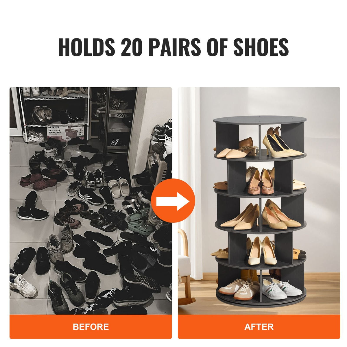 5 Tiers Rotating Shoe Rack Tower, 360°Spinning Shoe Display, Revolving Shoe Rack Storage Round Carousel, Lazy Susan Shoe Rack Organizer, Ideal for Bedroom, Living Room, Entryway, Black