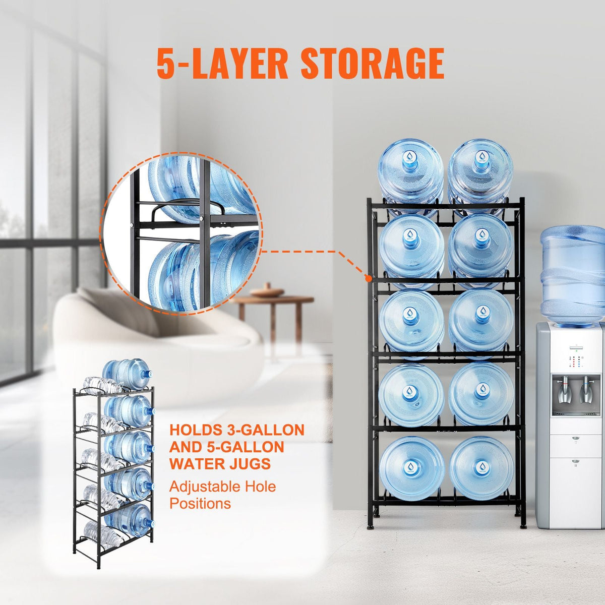 5 Tiers Water Jug Holder, 5 Gallon Water Bottle Holder, Double Row Water Bottle Rack for 10 Bottles, Heavy Duty Water Jug Rack for Kitchen, Office, Living Room, Black