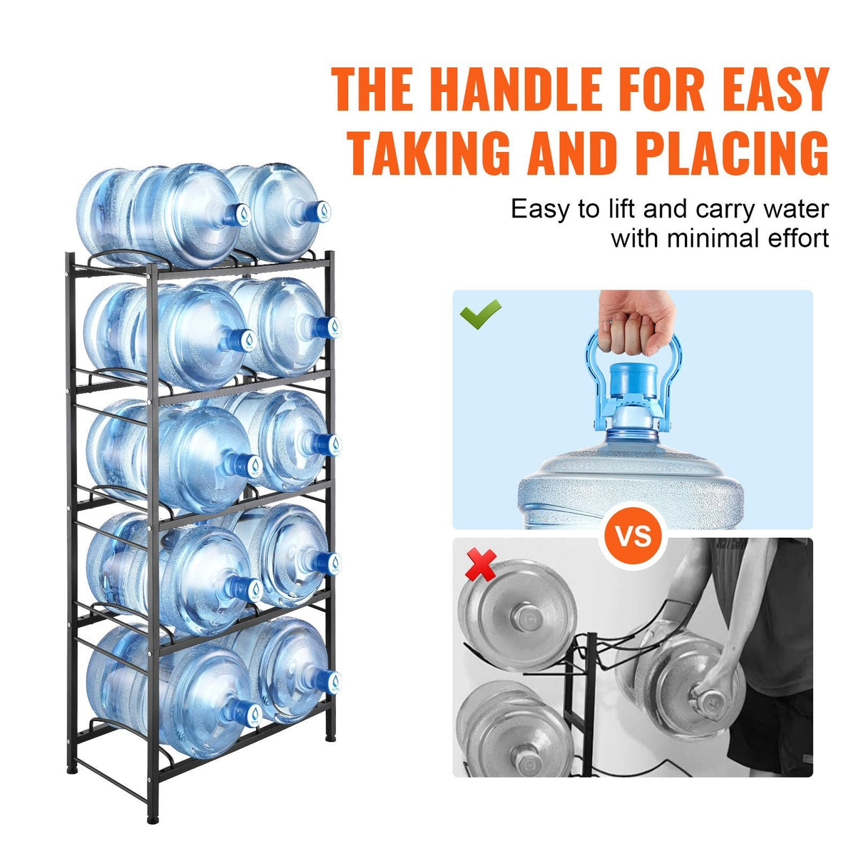 5 Tiers Water Jug Holder, 5 Gallon Water Bottle Holder, Double Row Water Bottle Rack for 10 Bottles, Heavy Duty Water Jug Rack for Kitchen, Office, Living Room, Black