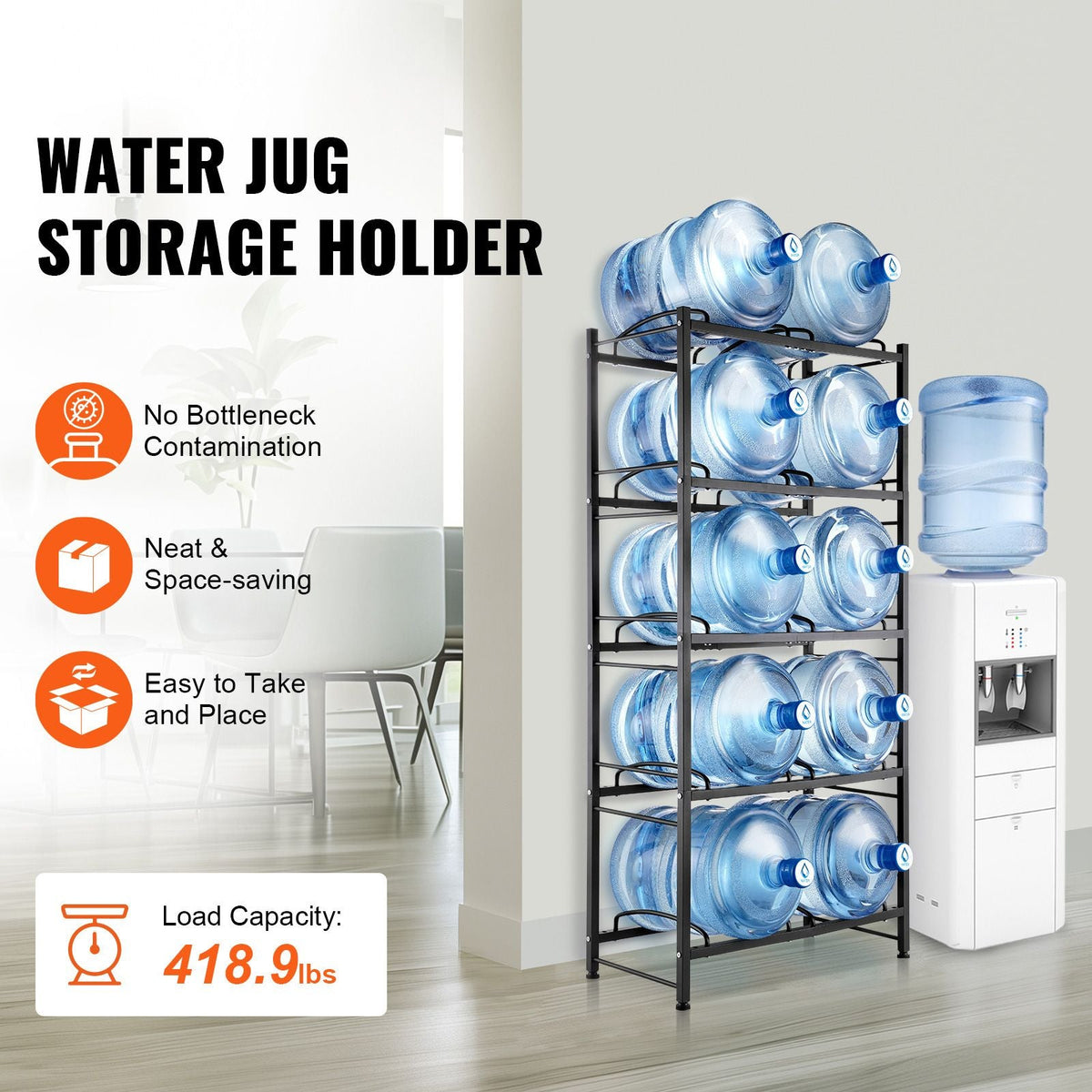 5 Tiers Water Jug Holder, 5 Gallon Water Bottle Holder, Double Row Water Bottle Rack for 10 Bottles, Heavy Duty Water Jug Rack for Kitchen, Office, Living Room, Black