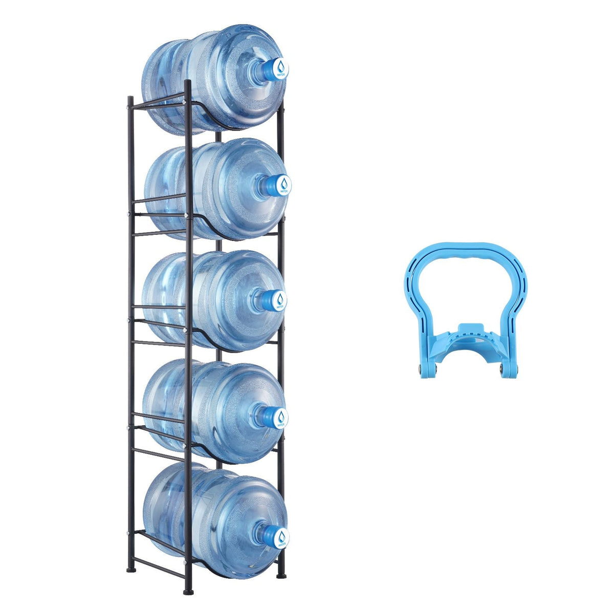 5 Tiers Water Jug Holder, 5 Gallon Water Bottle Holder, Single Row Water Bottle Rack for 5 Bottles, Heavy Duty Water Jug Rack for Kitchen, Office, Living Room, Black