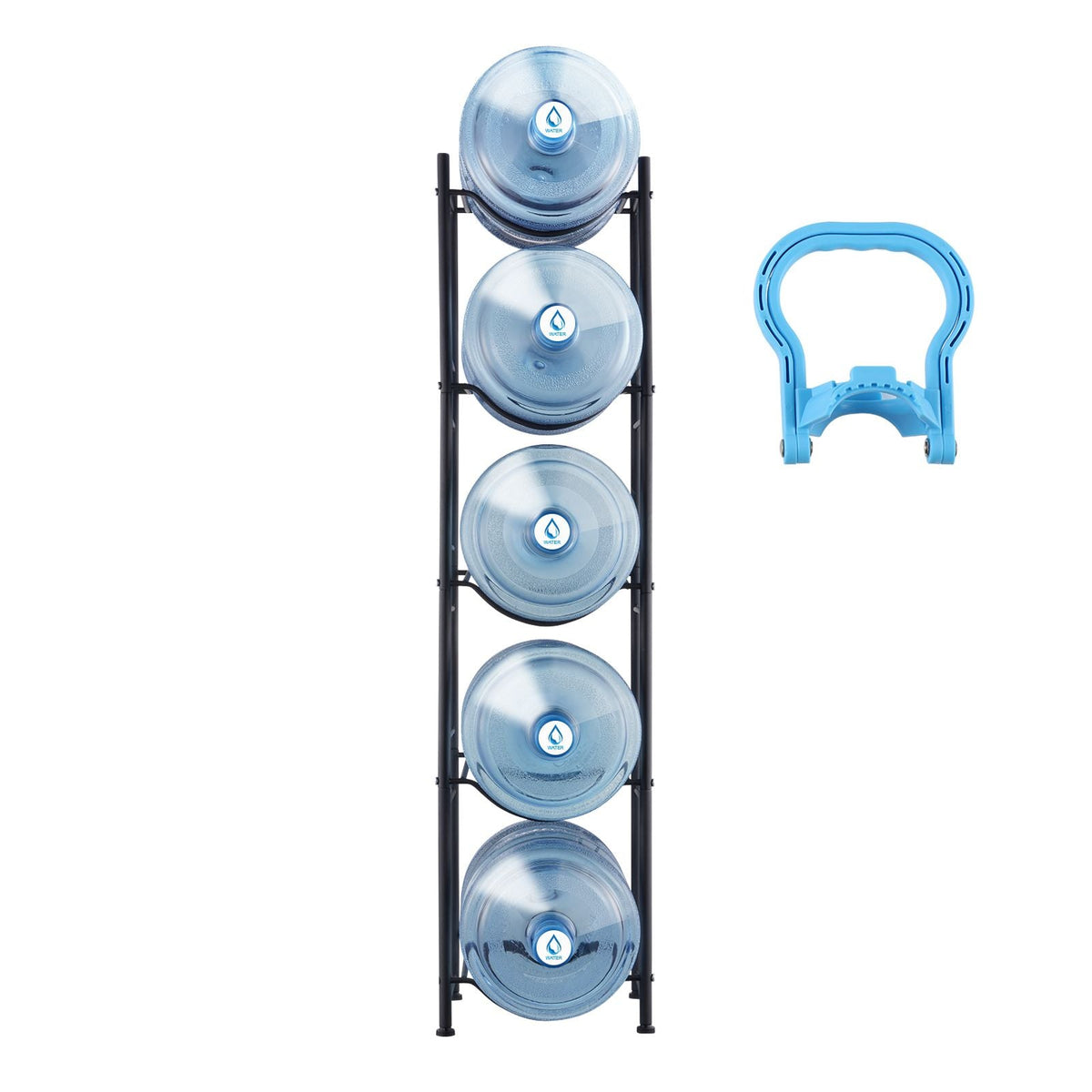 5 Tiers Water Jug Holder, 5 Gallon Water Bottle Holder, Single Row Water Bottle Rack for 5 Bottles, Heavy Duty Water Jug Rack for Kitchen, Office, Living Room, Black