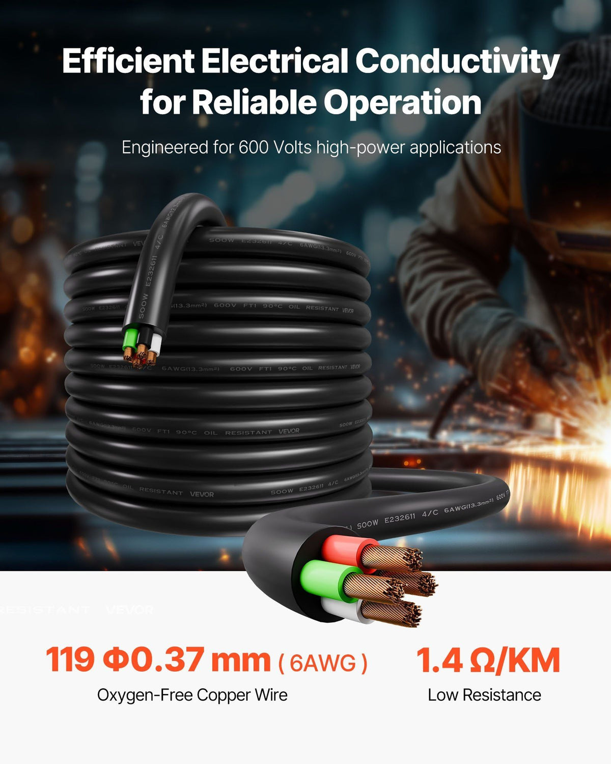 50 FT 6AWG Premium Electrical Power Cable Extension Cord Copper Wire 600V