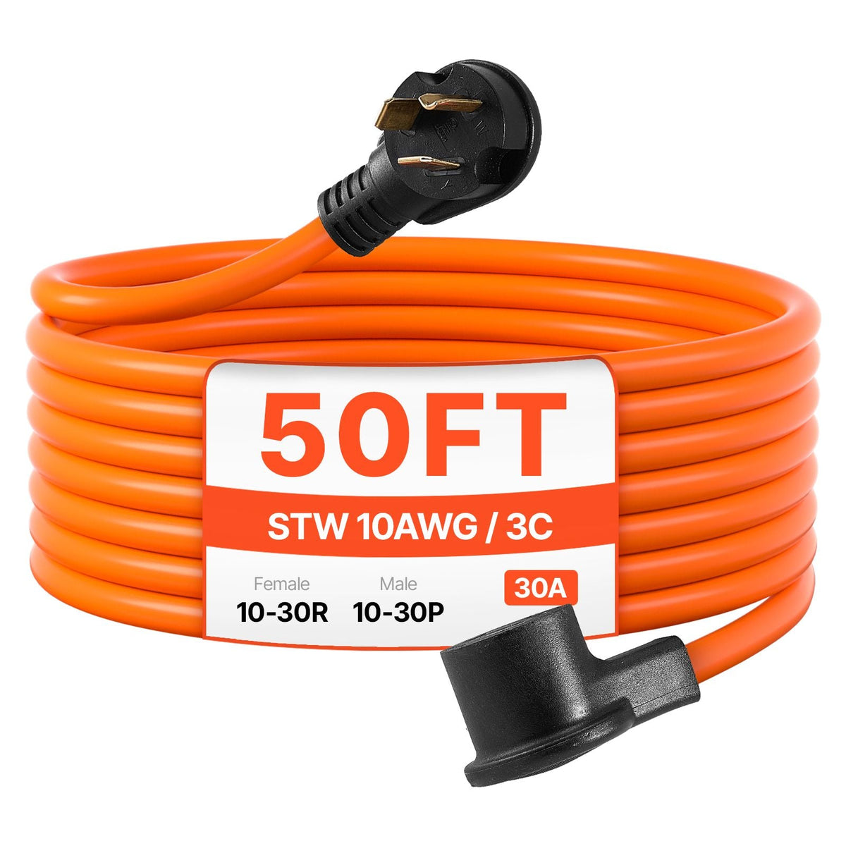 50 ft Dryer Extension Cord, 3-Prong NEMA 10-30P to 10-30R Dryer Cord, 125V/250V STW 10AWG/3C, 30A, Pure Copper Wire Cable with Black Non-woven Bag and PVC Cable Tie, Ideal for Indoor & Outdoor