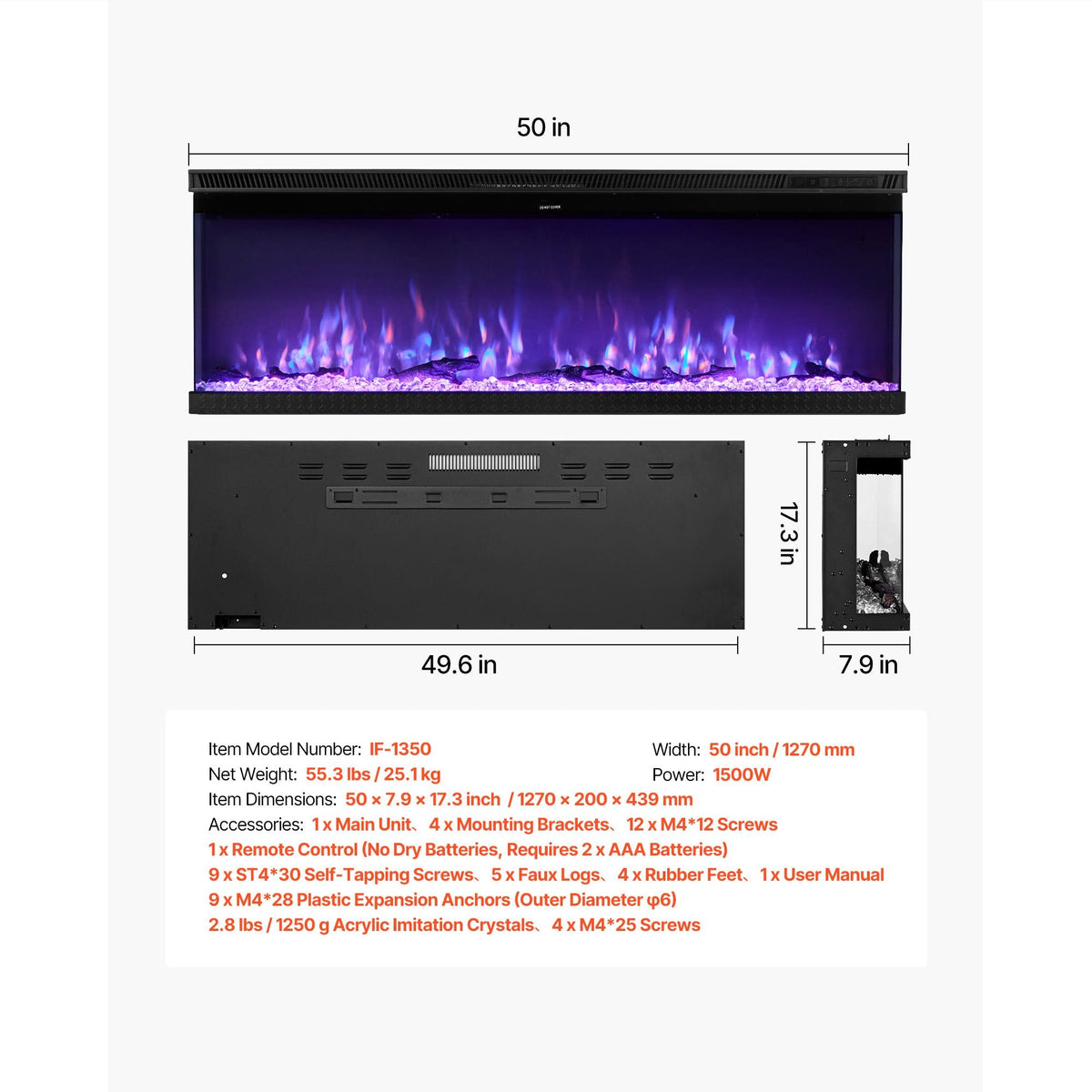 50 inch Electric Fireplace, Three-Sided Glass Wall Mounted Recessed Fire Place with Remote Control, Timer, 1500W, Adjustable Flame Color Brightness,Overheat Protection, for Living Room,Bedroom