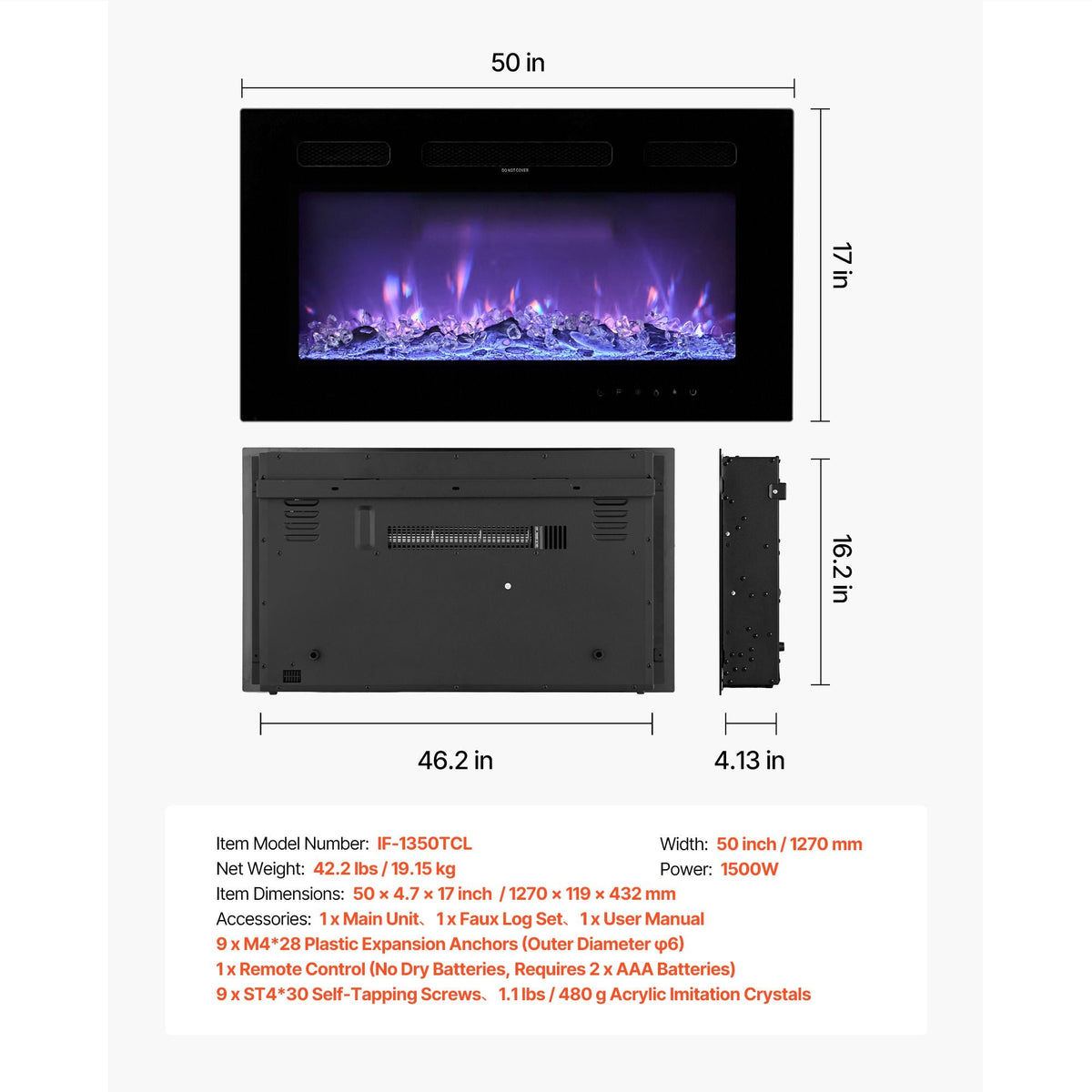 50 inch Electric Fireplace, Wall Mounted Recessed Fire Place with Remote Control, Timer, 1500W, Adjustable Flame Color Brightness, Touch Screen, Overheat Protection, for Living Room,Bedroom