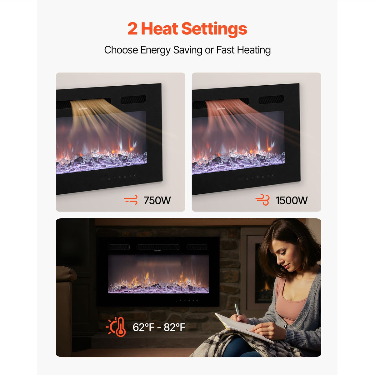 50 inch Electric Fireplace, Wall Mounted Recessed Fire Place with Remote Control, Timer, 1500W, Adjustable Flame Color Brightness, Touch Screen, Overheat Protection, for Living Room,Bedroom