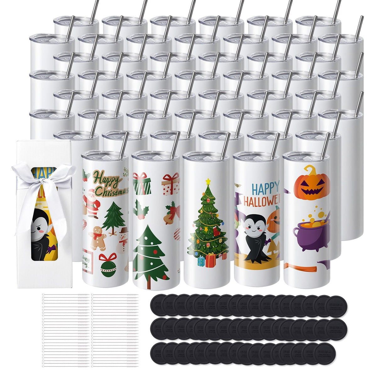 50 Pack Sublimation Tumblers 20oz Skinny Straight, Stainless Steel Sublimation Tumblers Blank, Stainless Steel Double Wall Tumbler for Heat Transfer Customized Gifts with Lid and Straw, Gift Box