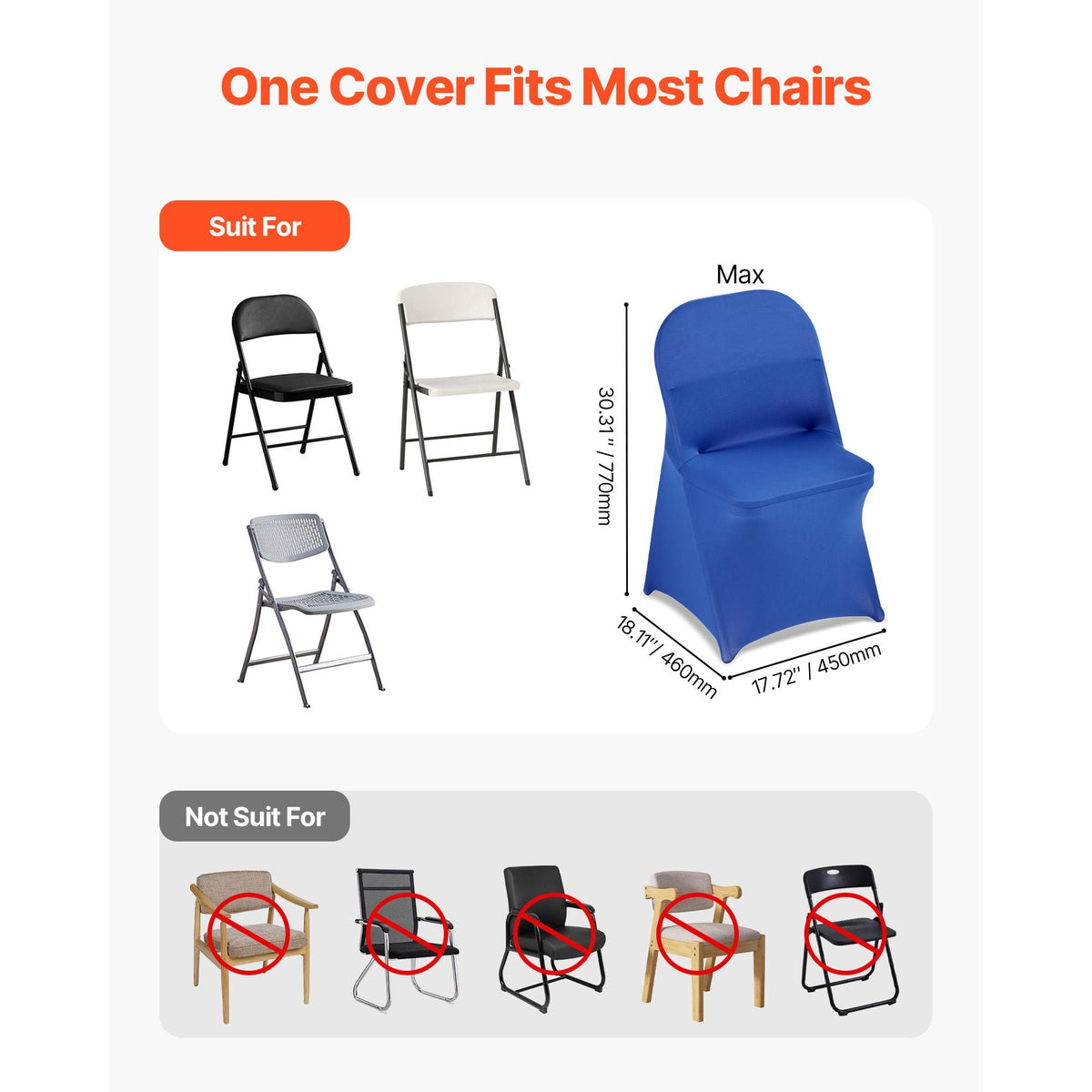 50 Pcs Blue Chair Covers, Polyester Spandex Chair Cover, Stretch Slipcovers for Wedding Party Dining Banquet Flat-Front Chair Covers, Fits Chair Measures up to 17.72 x 18.11 x 30.31 inch