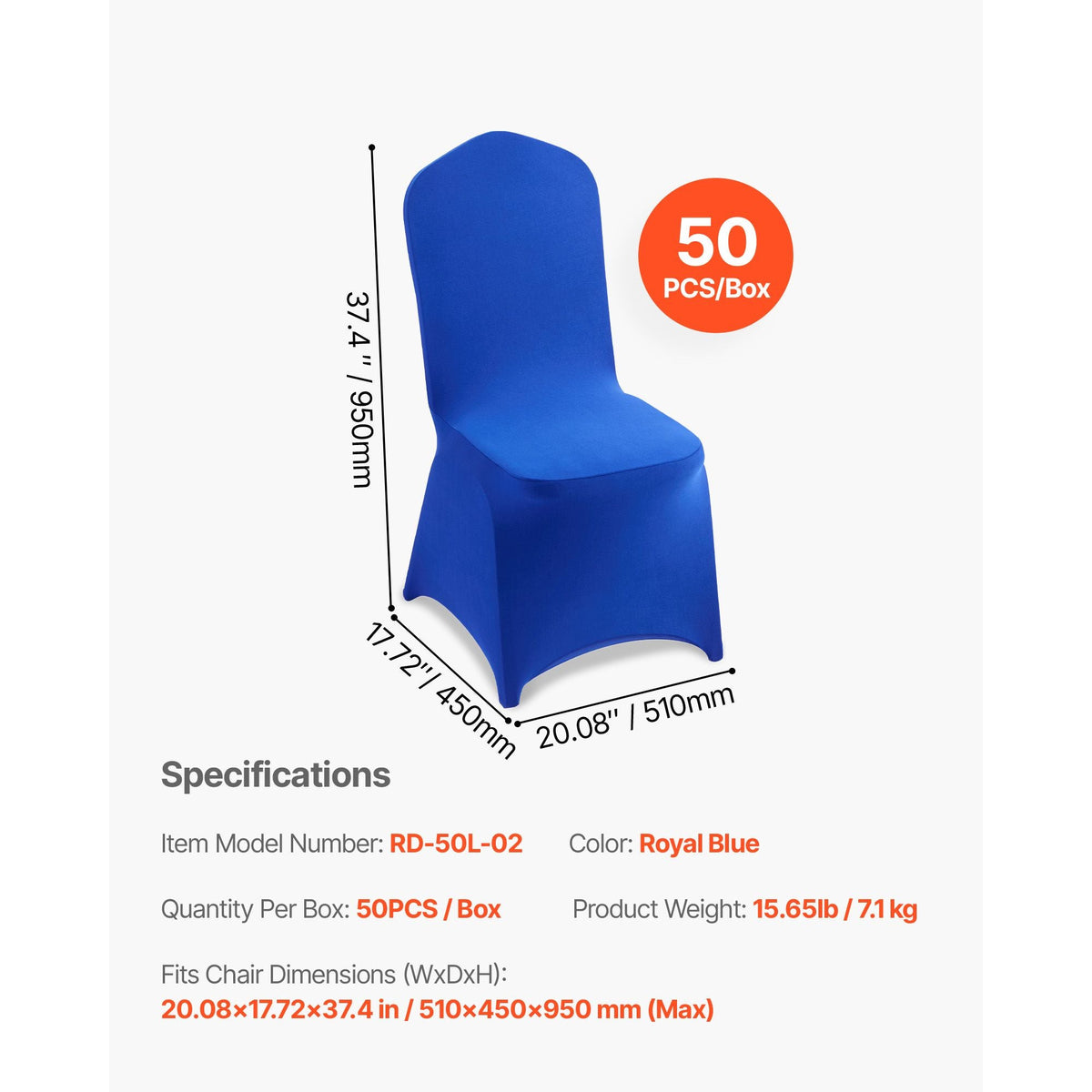 50 Pcs Royal Blue Chair Covers, Polyester Spandex Chair Cover, Stretch Slipcovers for Wedding Party Dining Banquet Flat-Front Chair Covers, Fits Chair Measures up to 20.08 x 17.72 x 37.4 inch