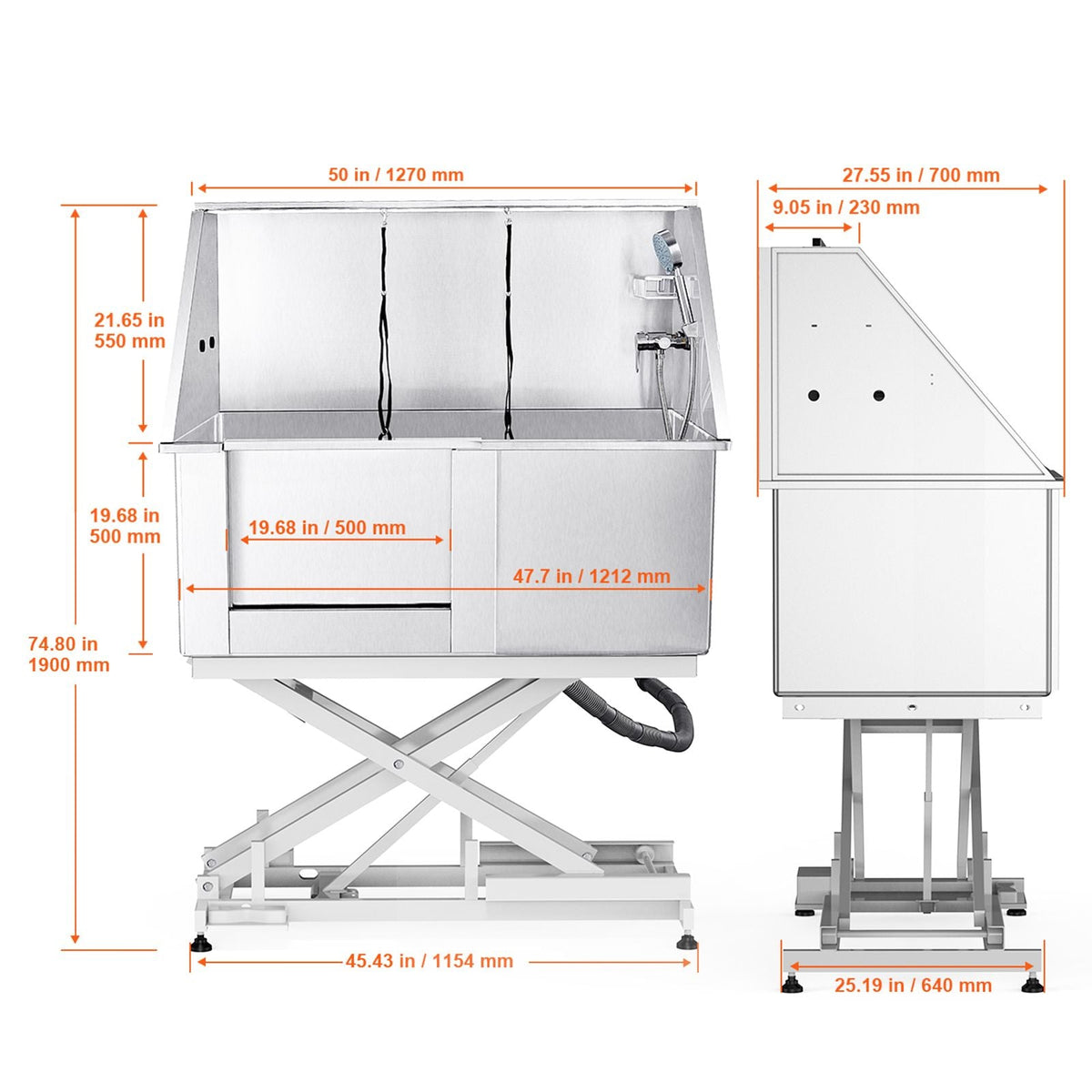 50" Pet Dog Bathing Station Electric Height Adjustment, Professional Stainless Steel Dog Grooming Tub w/ Soap Box, Faucet,Rich Accessory,Bathtub for Multiple Pets, Washing Sink for Home(Left)