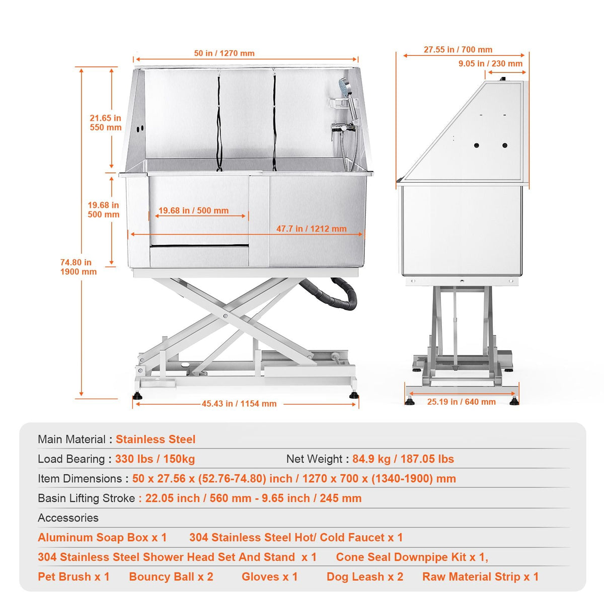 50" Pet Dog Bathing Station Electric Height Adjustment, Professional Stainless Steel Dog Grooming Tub w/ Soap Box, Faucet,Rich Accessory,Bathtub for Multiple Pets, Washing Sink for Home(Left)