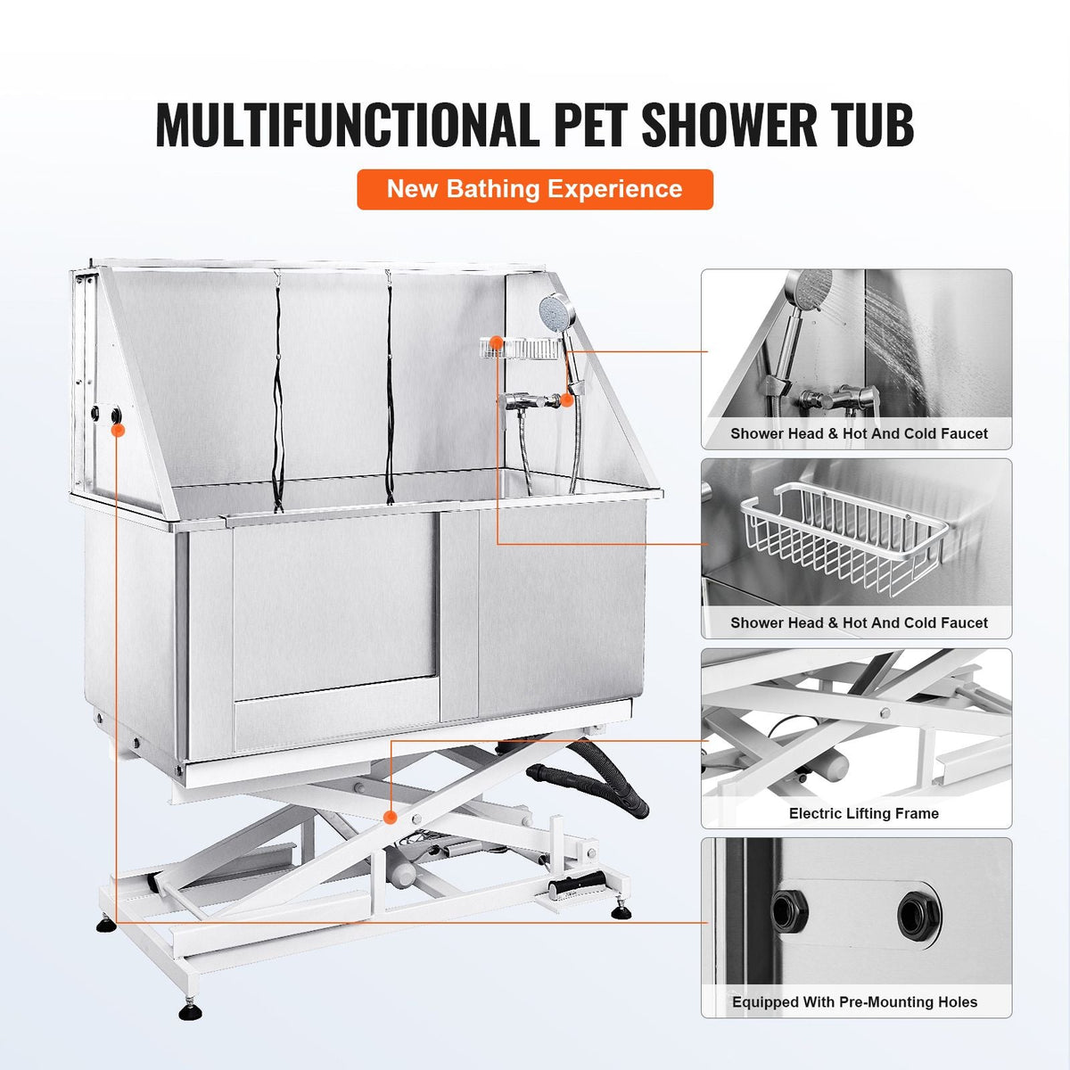 50" Pet Dog Bathing Station Electric Height Adjustment, Professional Stainless Steel Dog Grooming Tub w/ Soap Box, Faucet,Rich Accessory,Bathtub for Multiple Pets, Washing Sink for Home(Left)