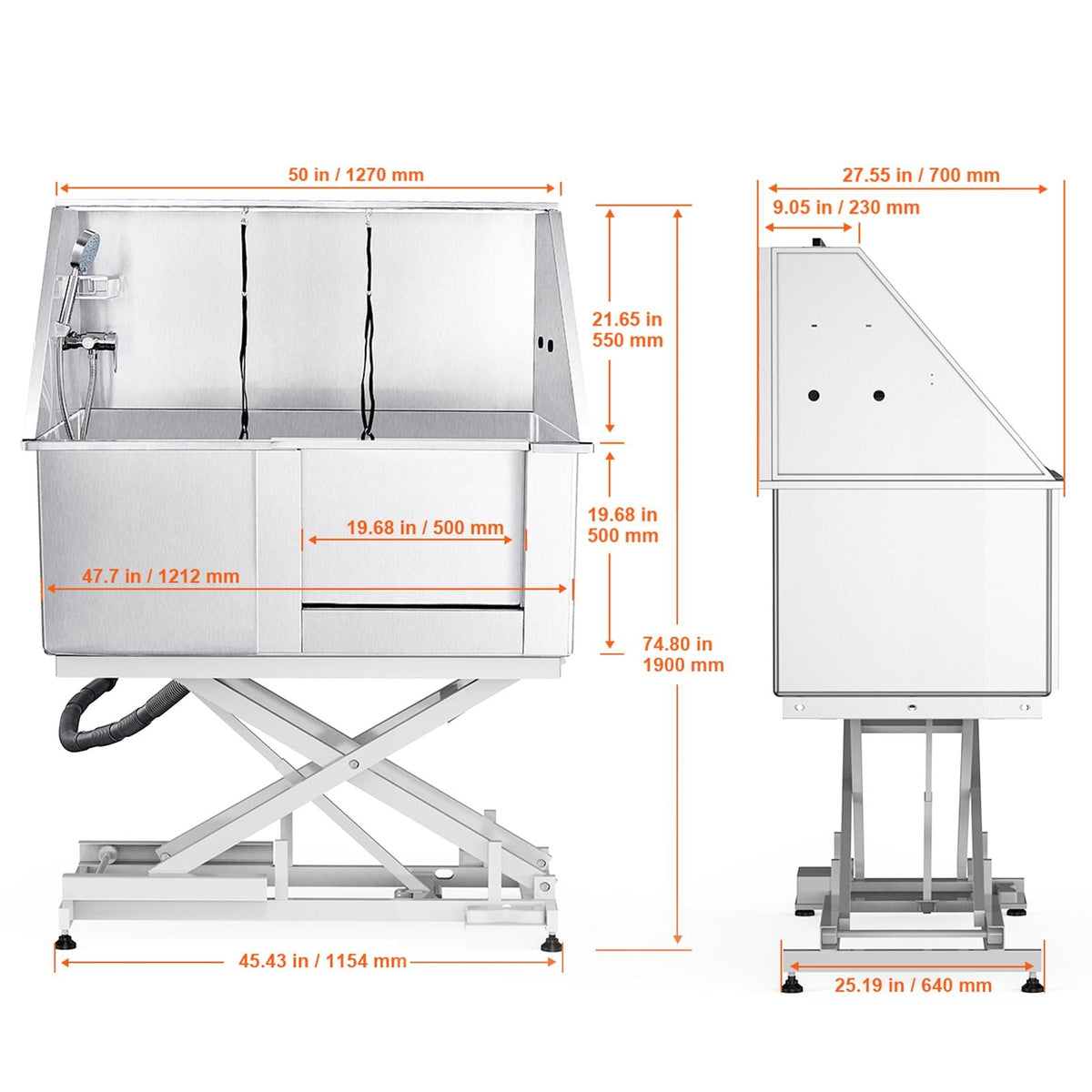 50" Pet Dog Bathing Station Electric Height Adjustment, Professional Stainless Steel Dog Grooming Tub w/ Soap Box, Faucet,Rich Accessory,Bathtub for Multiple Pets, Washing Sink for Home(Right)