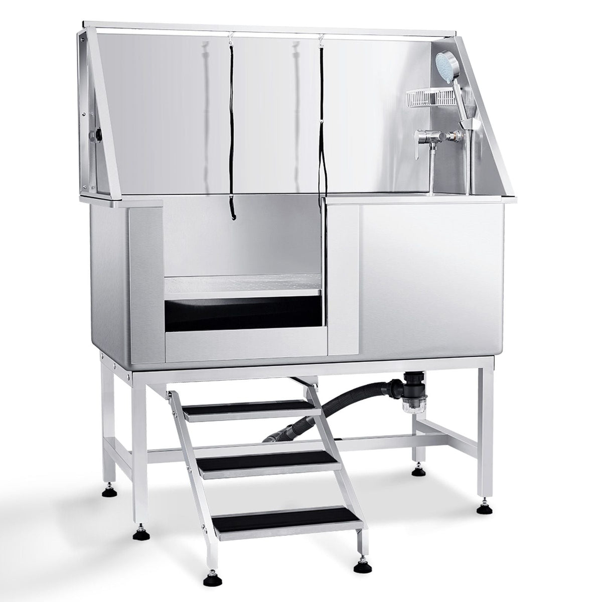 50" Pet Dog Bathing Station w/Stairs, Professional Stainless Steel Dog Grooming Tub w/ Soap Box, Faucet,Rich Accessory, Dog Bathtub for Large,Medium,Small Pets, Washing Sink for Home Left