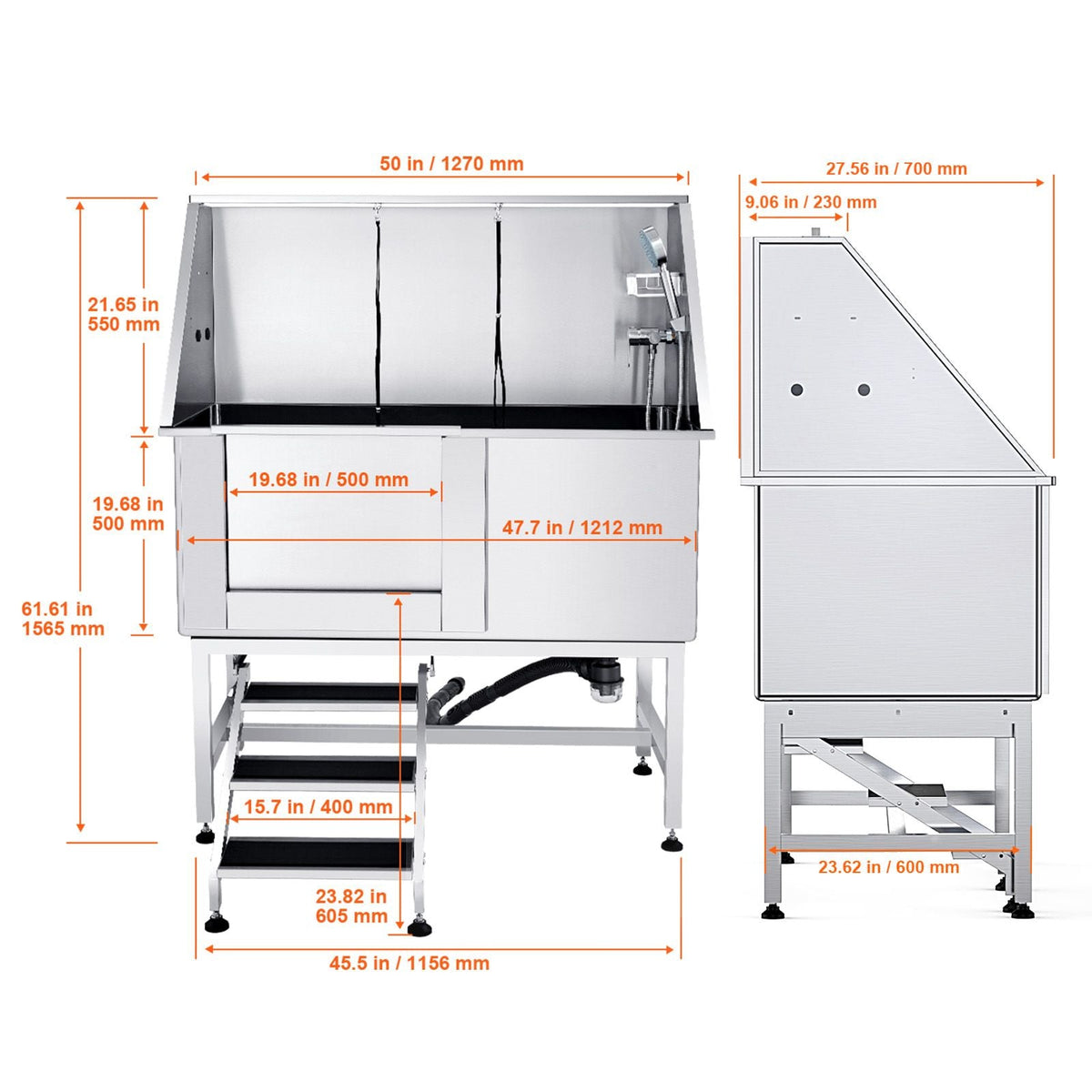 50" Pet Dog Bathing Station w/Stairs, Professional Stainless Steel Dog Grooming Tub w/ Soap Box, Faucet,Rich Accessory, Dog Bathtub for Large,Medium,Small Pets, Washing Sink for Home Left