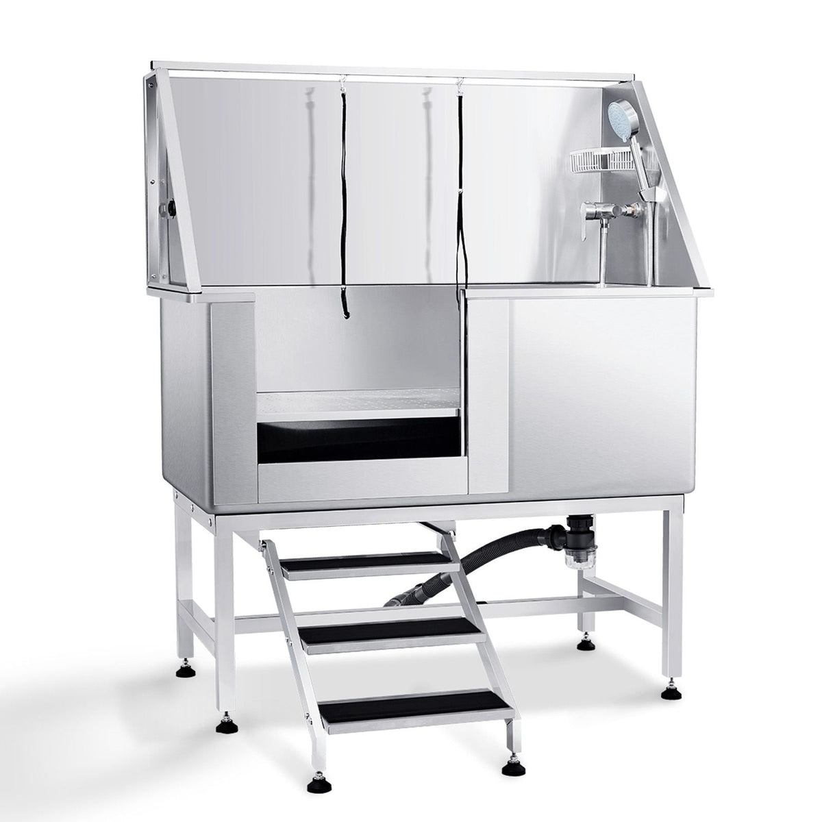50" Pet Dog Bathing Station w/Stairs, Professional Stainless Steel Dog Grooming Tub w/ Soap Box, Faucet,Rich Accessory, Dog Bathtub for Large,Medium,Small Pets, Washing Sink for Home Left