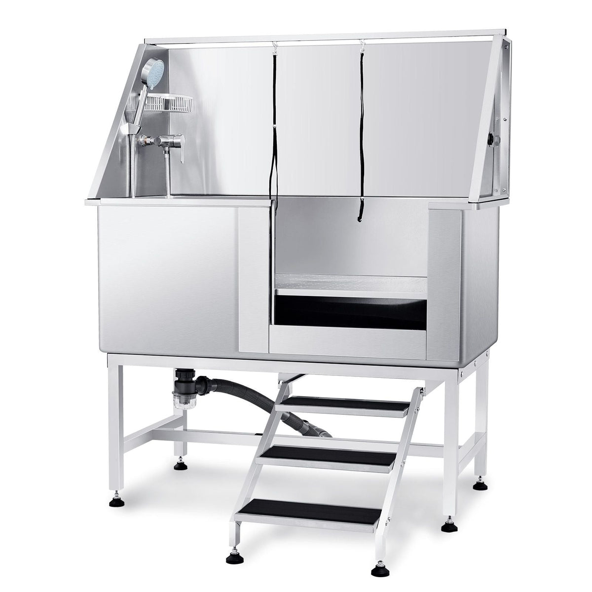 50" Pet Dog Bathing Station w/Stairs, Professional Stainless Steel Dog Grooming Tub w/ Soap Box, Faucet,Rich Accessory, Dog Bathtub for Large,Medium,Small Pets, Washing Sink for Home Right