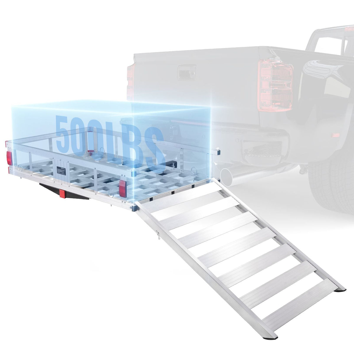 50 x 29.5 x 8.7 inch Hitch Cargo Carrier, 500lbs Capacity Trailer Hitch Mounted Cargo Basket, Aluminum Luggage Carrier Rack with Folding Ramp, Fits 2" Hitch Receiver for SUV Truck Pickup Camping