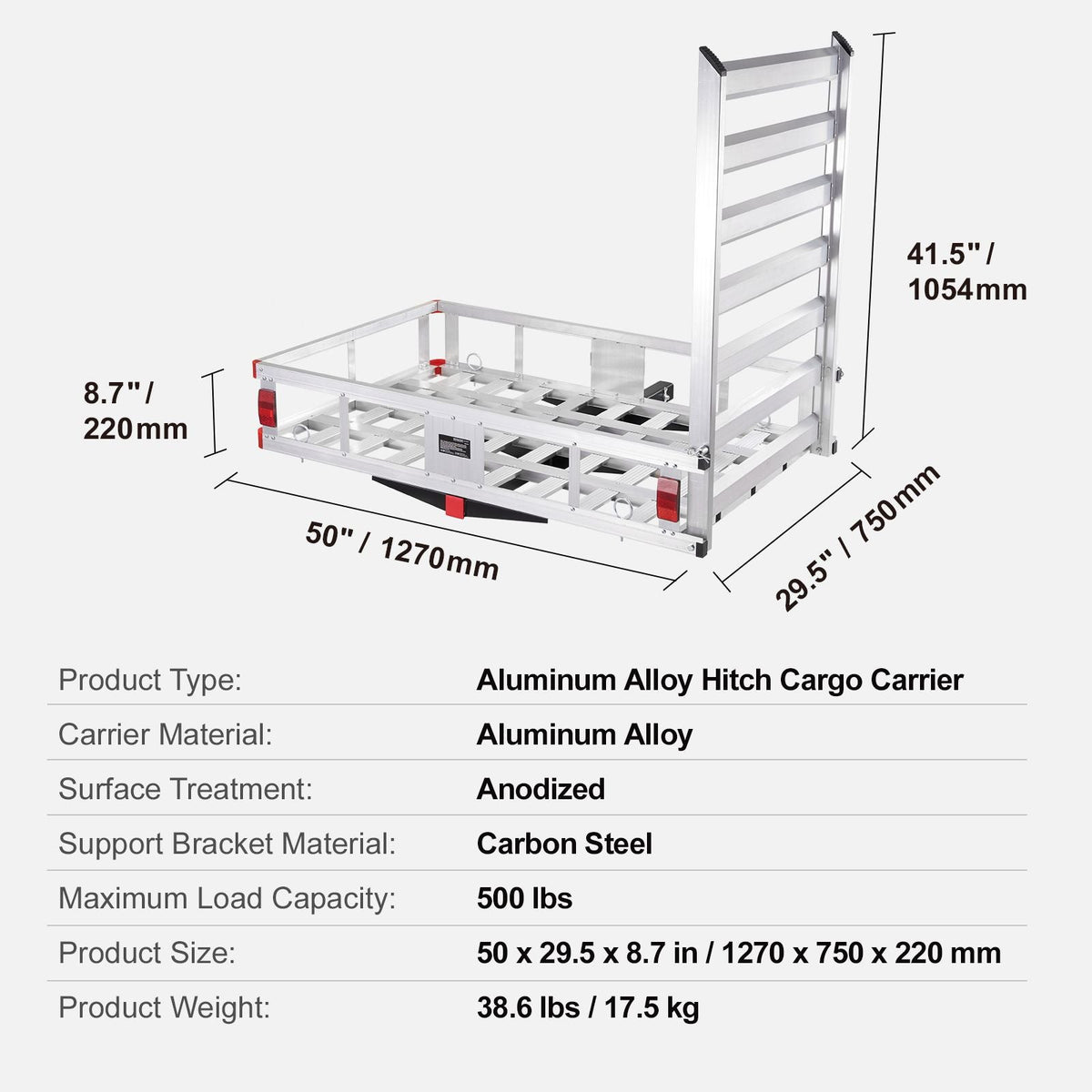 50 x 29.5 x 8.7 inch Hitch Cargo Carrier, 500lbs Capacity Trailer Hitch Mounted Cargo Basket, Aluminum Luggage Carrier Rack with Folding Ramp, Fits 2" Hitch Receiver for SUV Truck Pickup Camping