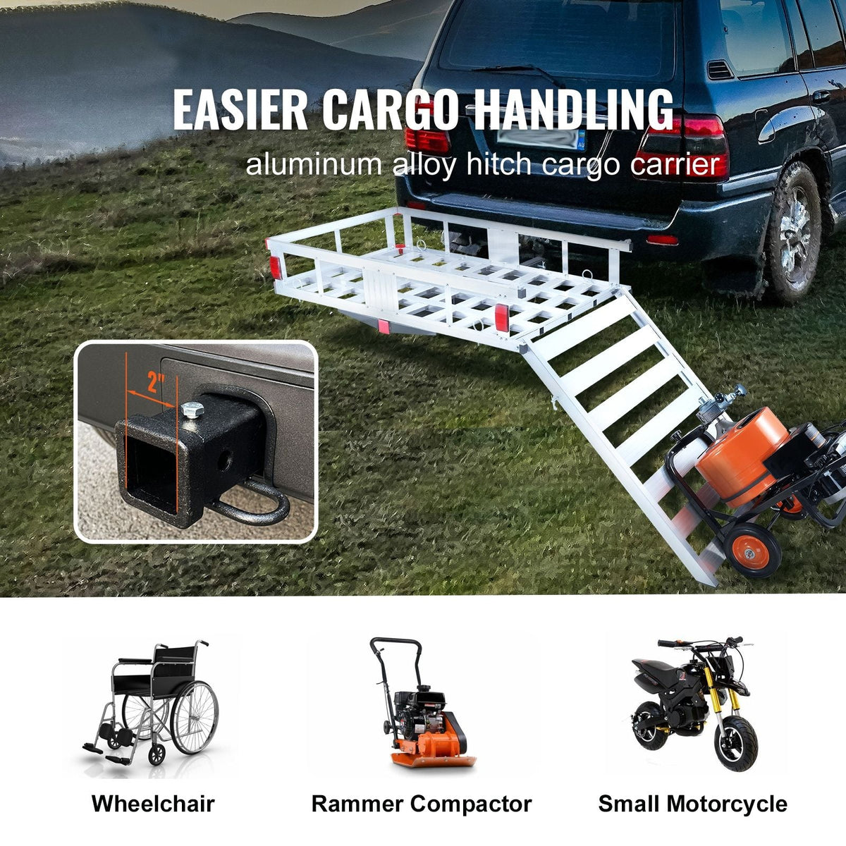 50 x 29.5 x 8.7 inch Hitch Cargo Carrier, 500lbs Capacity Trailer Hitch Mounted Cargo Basket, Aluminum Luggage Carrier Rack with Folding Ramp, Fits 2" Hitch Receiver for SUV Truck Pickup Camping