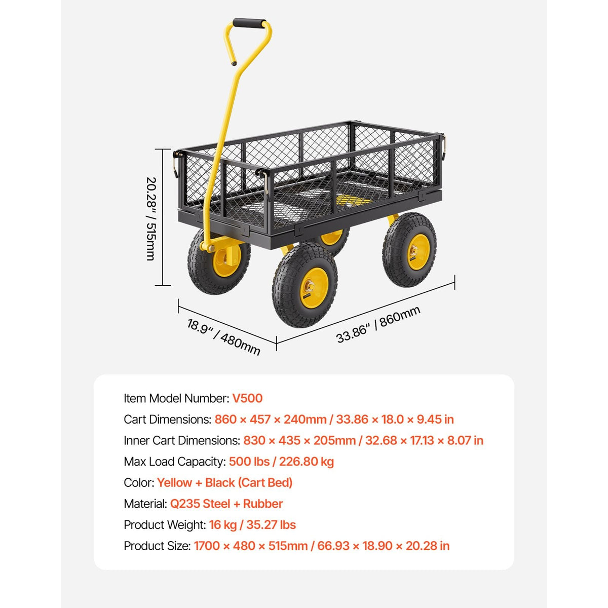 500 Lbs Steel Garden Cart, Heavy Duty Garden Wagon Cart Pullable on Wheels, Metal Yard Utility Wagon Carts with 10" All Terrain Tires, Mesh Removable Sides and 180°Rotating Handle