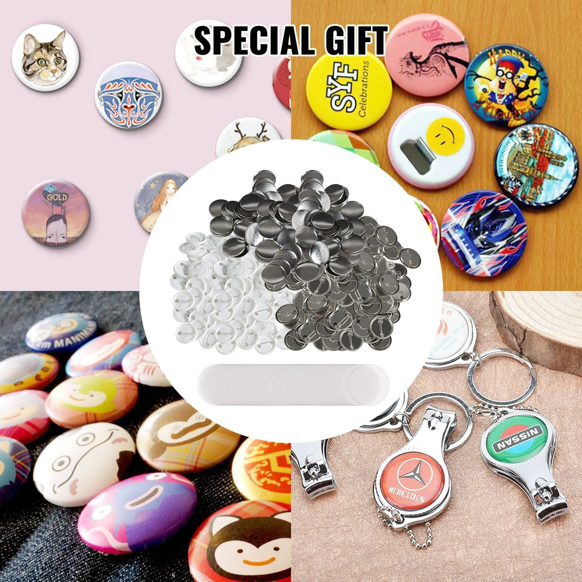 500 Sets 1.25 inch 32mm Pin Back Button Parts, DIY Round Button Badge Parts, Set Includes Metal Top, Plastic/Metal Button, Clear Film, and Blank Paper For Gifts Presents, Machine NOT Included