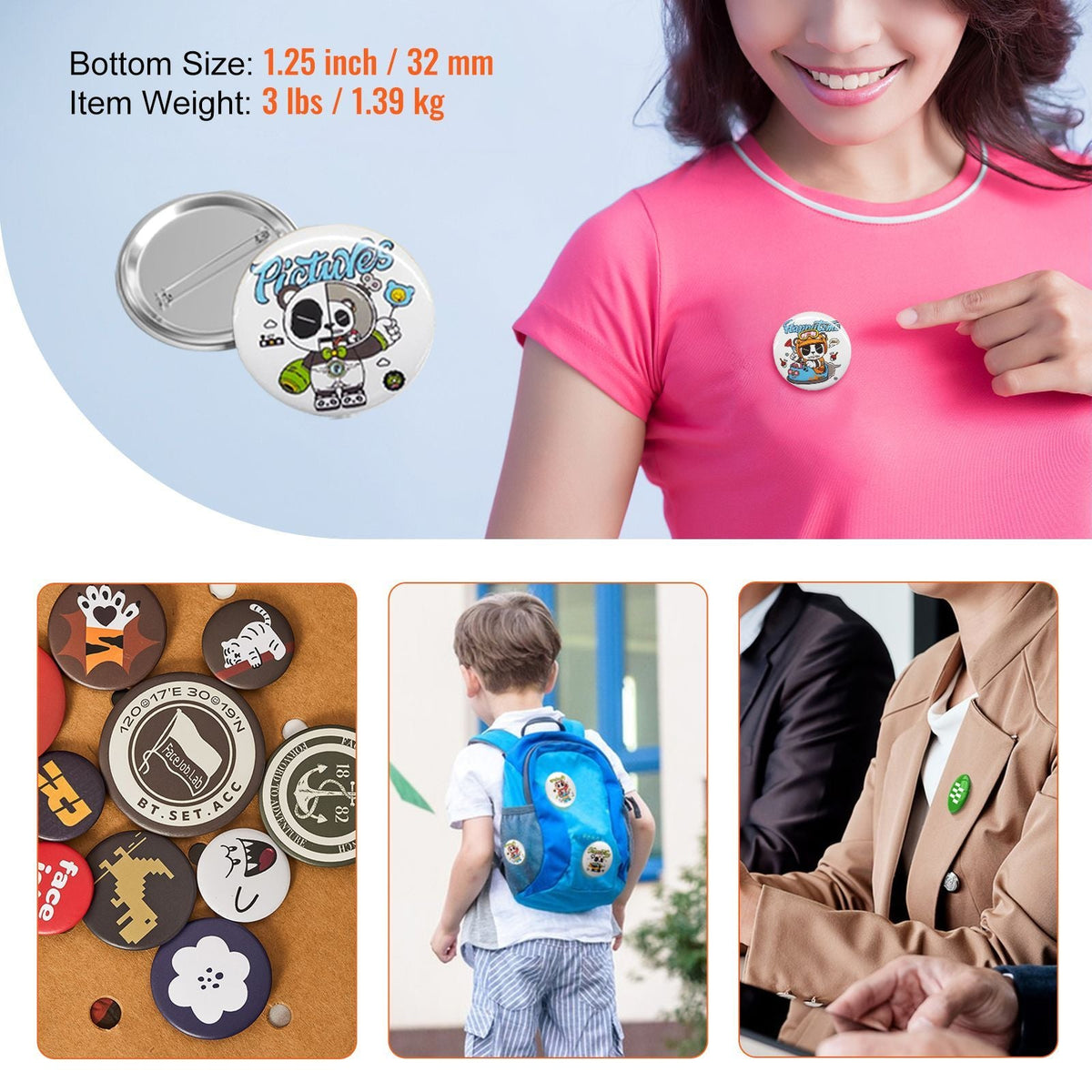 500 Sets 1.25 inch 32mm Pin Back Button Parts, DIY Round Button Badge Parts, Set Includes Metal Top, Plastic/Metal Button, Clear Film, and Blank Paper For Gifts Presents, Machine NOT Included