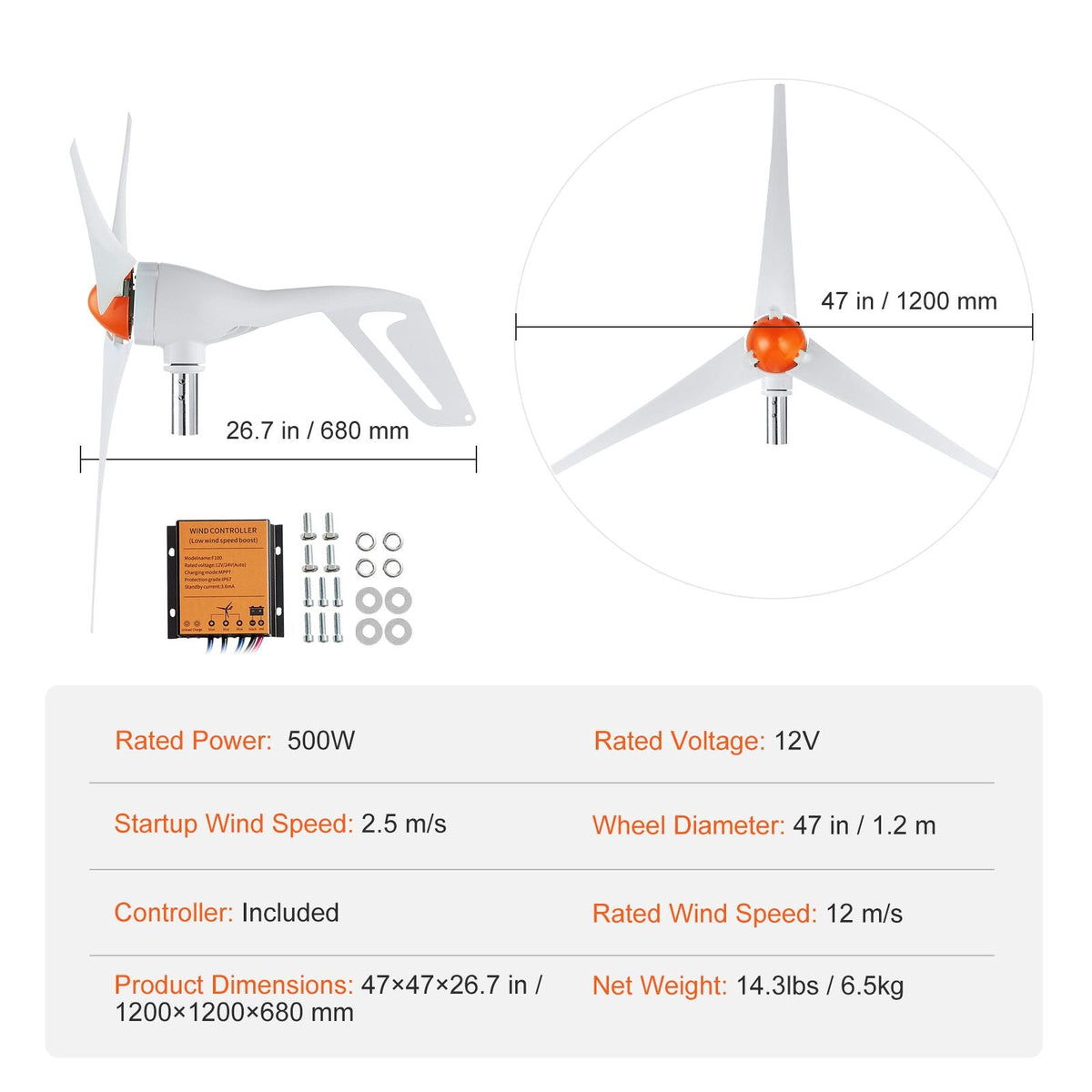 500W Wind Turbine Generator, 12V Wind Turbine Kit, 3-Blade Wind Power Generator with MPPT Controller, Adjustable Windward Direction & 2.5m/s Start Wind Speed, Suitable for Home, Farm, RVs, Boats