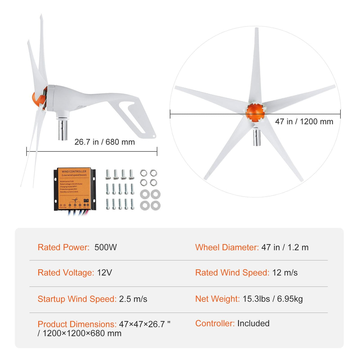 500W Wind Turbine Generator, 12V Wind Turbine Kit, 5-Blade Wind Power Generator with MPPT Controller, Adjustable Windward Direction & 2.5m/s Start Wind Speed, Suitable for Home, Farm, RVs, Boats