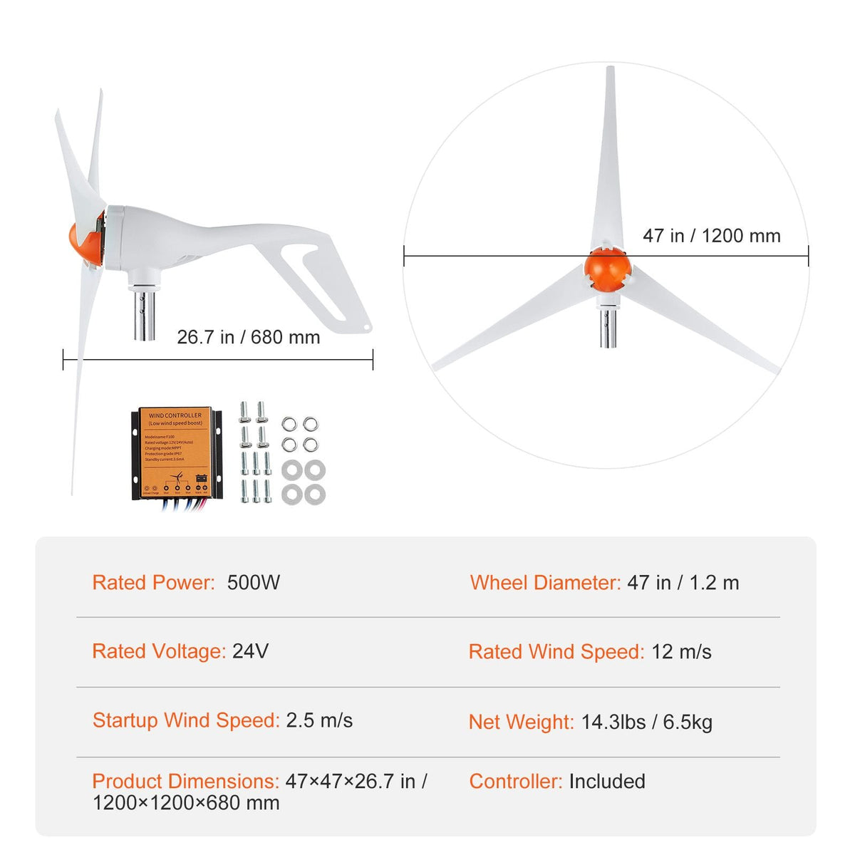 500W Wind Turbine Generator, 24V Wind Turbine Kit, 3-Blade Wind Power Generator with MPPT Controller, Adjustable Windward Direction & 2.5m/s Start Wind Speed, Suitable for Home, Farm, RVs, Boats