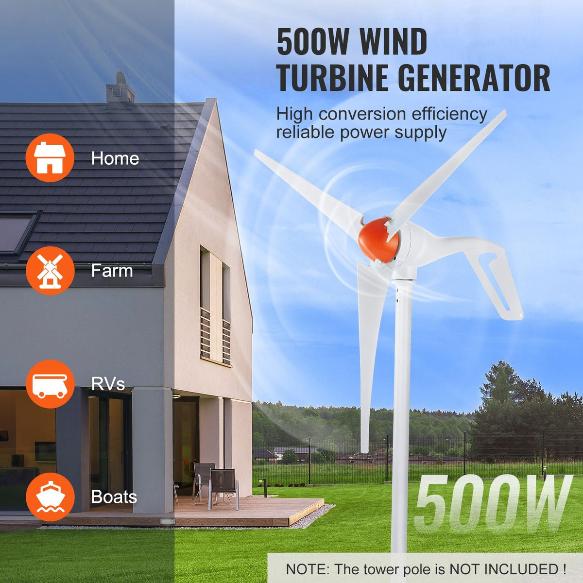 500W Wind Turbine Generator, 24V Wind Turbine Kit, 3-Blade Wind Power Generator with MPPT Controller, Adjustable Windward Direction & 2.5m/s Start Wind Speed, Suitable for Home, Farm, RVs, Boats
