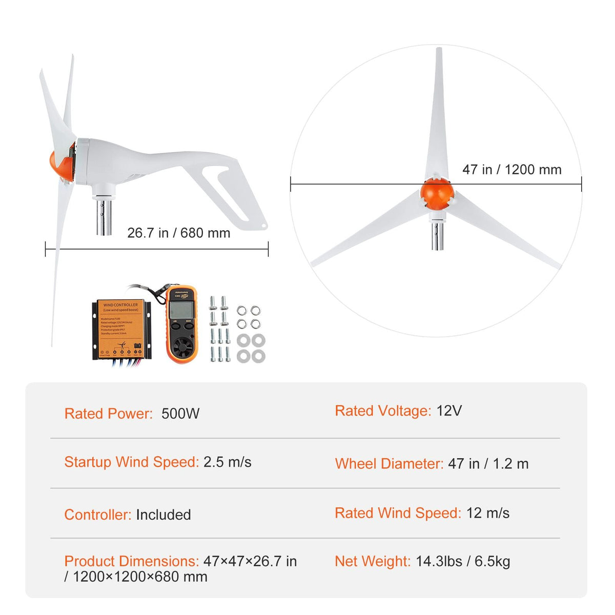 500W Wind Turbine Generator with Anemometer, 12V Wind Turbine Kit, 3-Blade Wind Power Generator, MPPT Controller & Adjustable Windward Direction, Suitable for Home, Farm, RVs, Boats