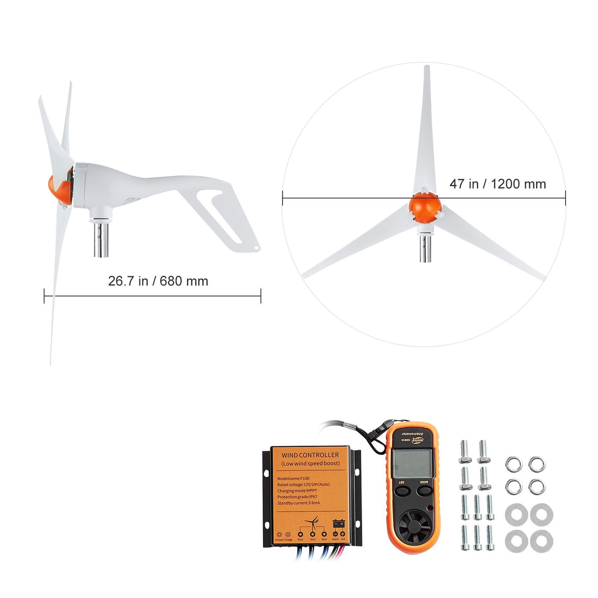500W Wind Turbine Generator with Anemometer, 12V Wind Turbine Kit, 3-Blade Wind Power Generator, MPPT Controller & Adjustable Windward Direction, Suitable for Home, Farm, RVs, Boats