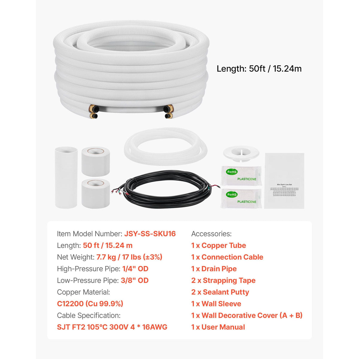 50ft Mini Split Line Set, 1/4' & 3/8' OD AC Copper Tubing Pipe, 3/8 White PE Thickened Insulated Coil with Flared Nuts, Rich Fittings, for Mini Split Air Conditioner HVAC or Heat Pump System