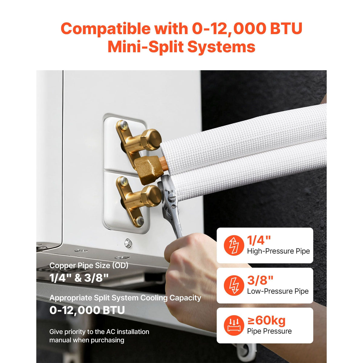 50ft Mini Split Line Set, 1/4' & 3/8' OD AC Copper Tubing Pipe, 3/8 White PE Thickened Insulated Coil with Flared Nuts, Strapping Tapes, for Mini Split Air Conditioner HVAC or Heat Pump System