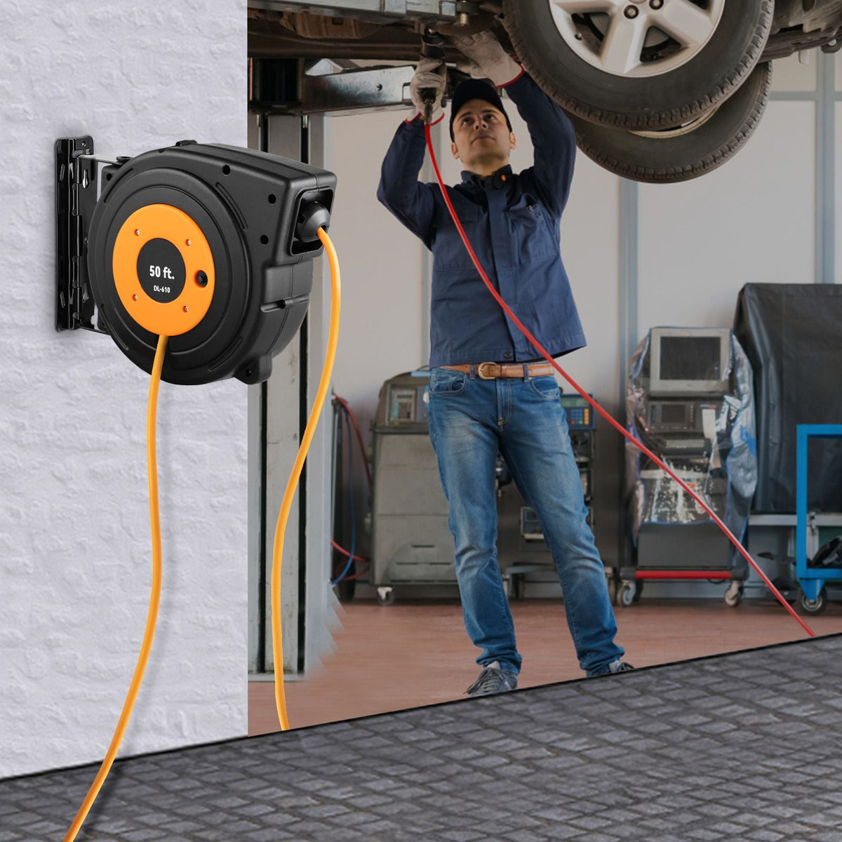 50ft Retractable Extension Cord Reel 14AWG/3CSJTOW Power Cord Reel