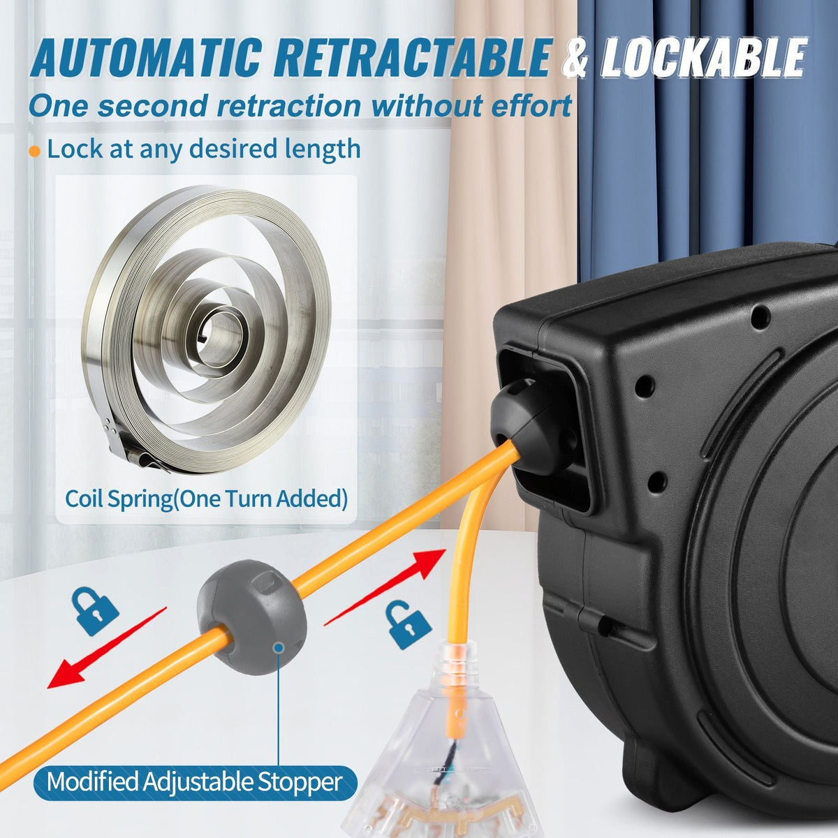 50ft Retractable Extension Cord Reel 14AWG/3CSJTOW Power Cord Reel