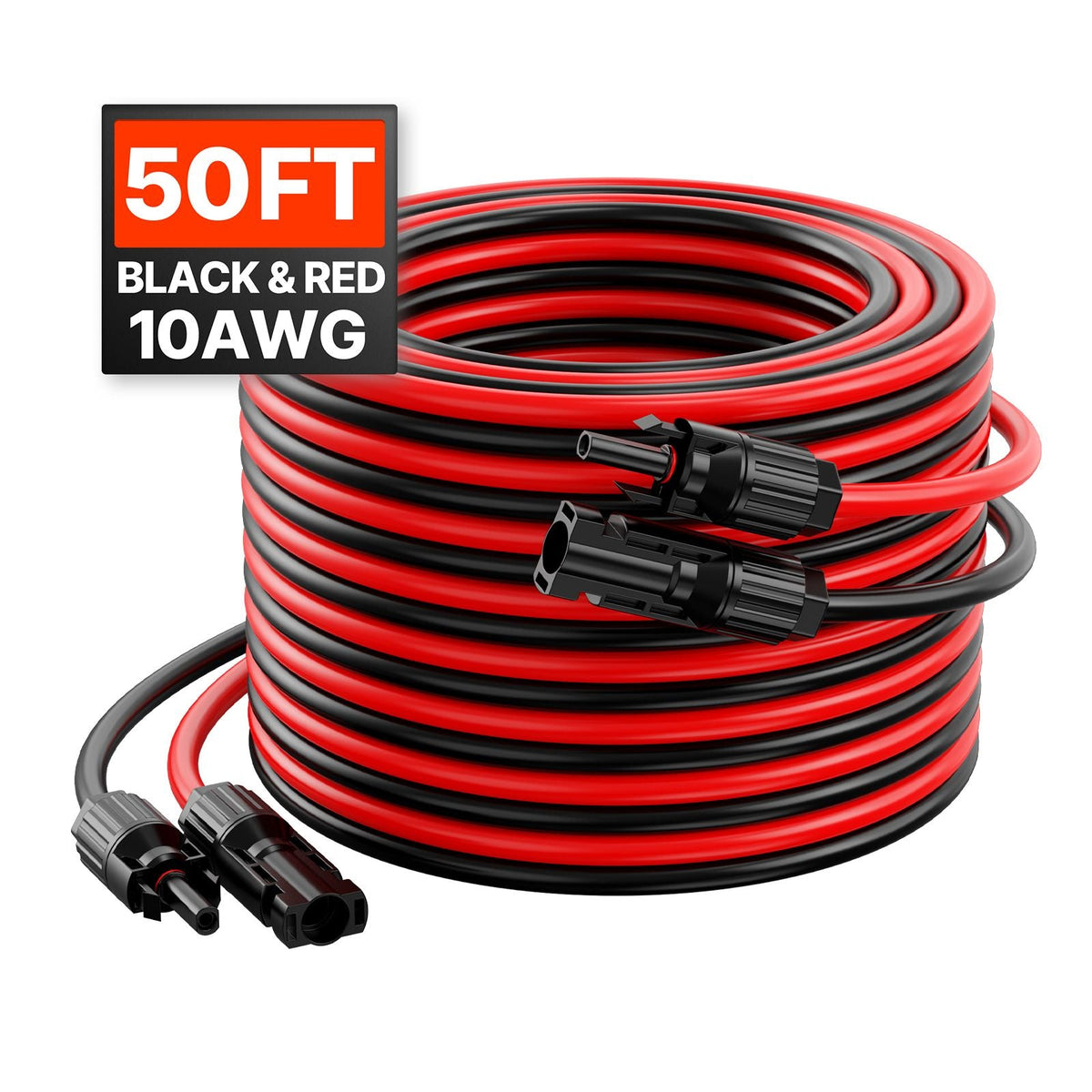 50FT Solar Panel Extension Cable, 10AWG Solar Extension Cable Wire with Female & Male Waterproof Connectors, 6mm² PV Cable for Home, Ship and RV Solar Panels, 50FT Black + 50FT Red (Set of 2)