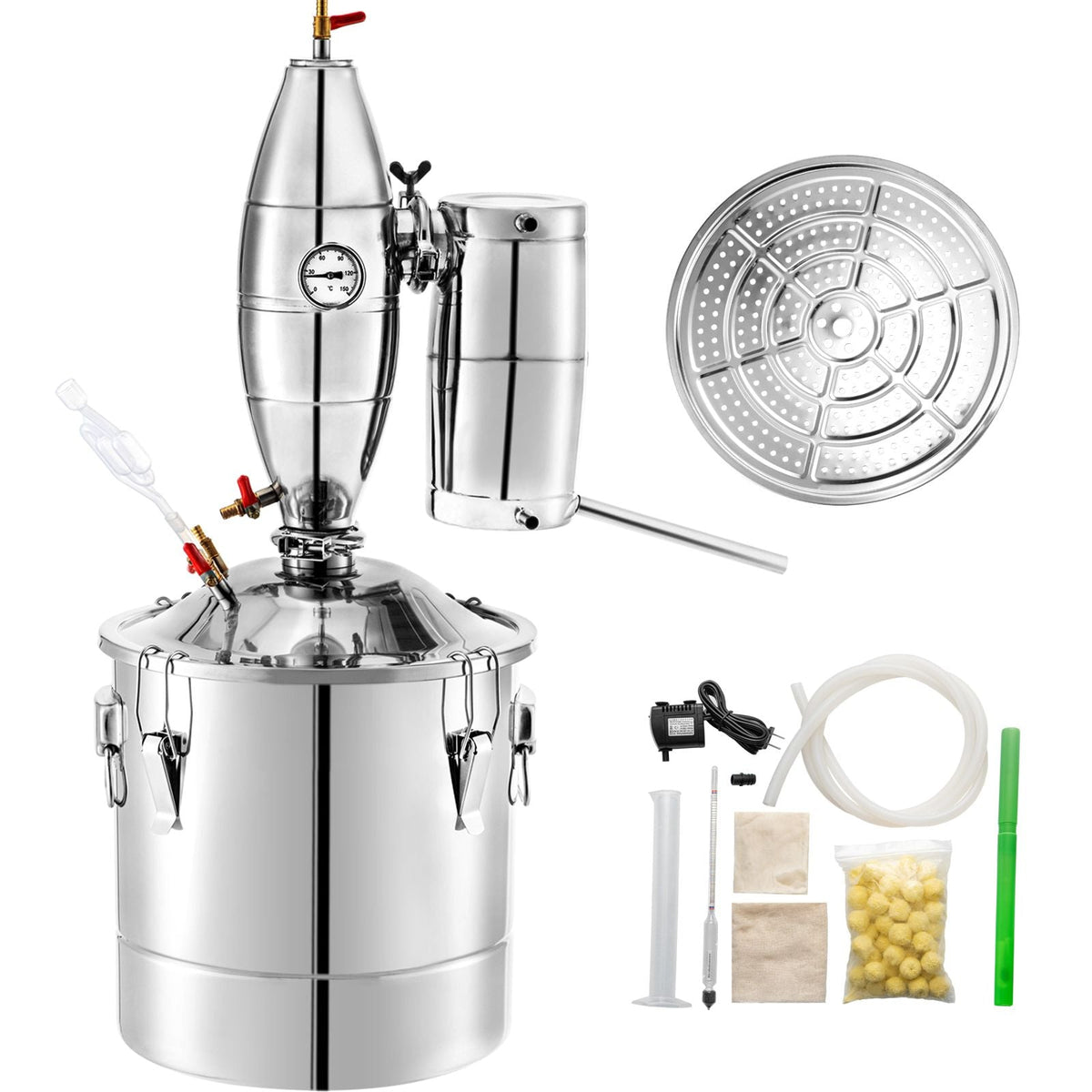 50L 13.2Gal Water Alcohol Distiller 304 Stainless Steel Alcohol Still Wine Making Boiler Home Kit with Thermometer for Whiskey Brandy Essential, Sliver