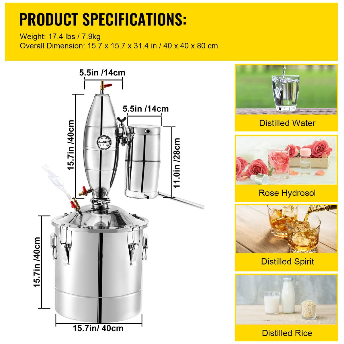 50L 13.2Gal Water Alcohol Distiller 304 Stainless Steel Alcohol Still Wine Making Boiler Home Kit with Thermometer for Whiskey Brandy Essential, Sliver