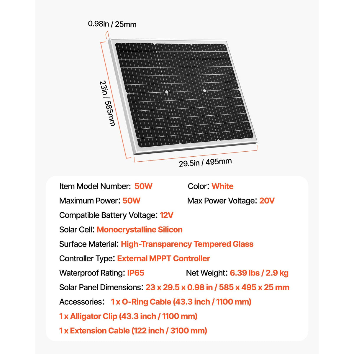 50W 12V Solar Battery Charger Maintainer, Mono Solar Panel Trickle Battery Charger with Upgraded MPPT Controller, IP65 Waterproof for Car Boat RV Trailer Flat Rooftop (Bracket Not Included)