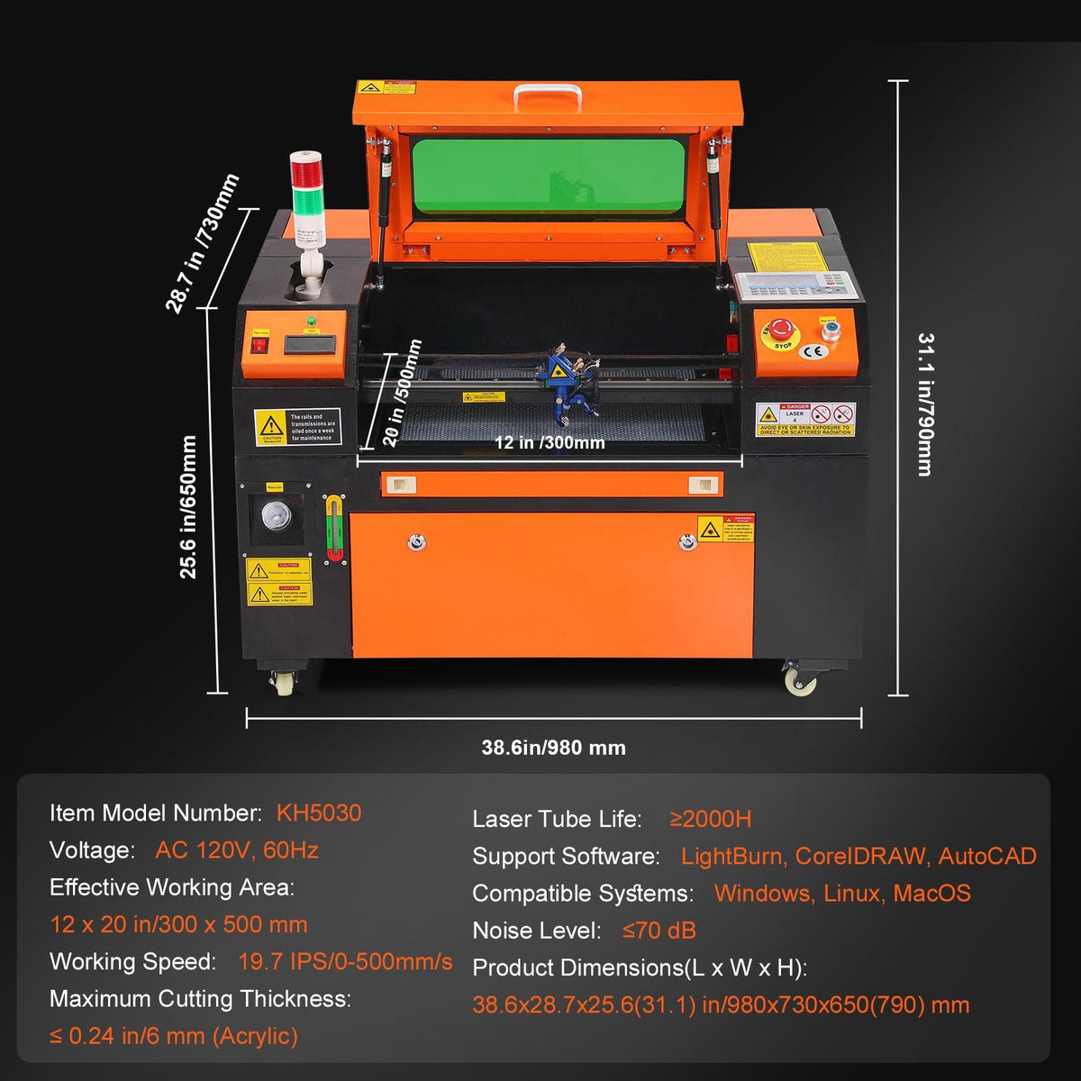 50W CO2 Laser Engraver, 12 x 20 in, 19.7 IPS Laser Cutter Machine with 2-Way Pass Air Assist, Compatible with LightBurn, CorelDRAW, AutoCAD, Windows, Mac OS, Linux, for Wood Acrylic Fabric More