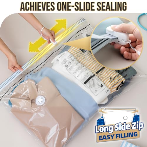 TAILI 8 Pack Vacuum Storage Bags, LONG SIDE ZIP (4 Large+4 Jumbo), Multi-Size Vacuum Seal Bags for Clothing, Storage Bulky Beddings, Blankets and Clothes, Space Saver for Closet Organization - size: 8 Combo